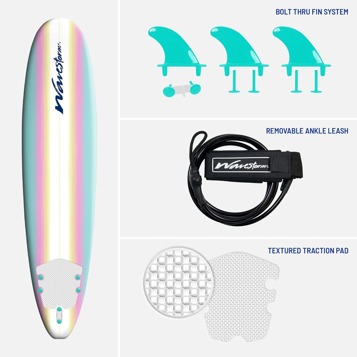 Classic 8ft Soft Top Foam Surfboard with Leash & Fins - Image 6