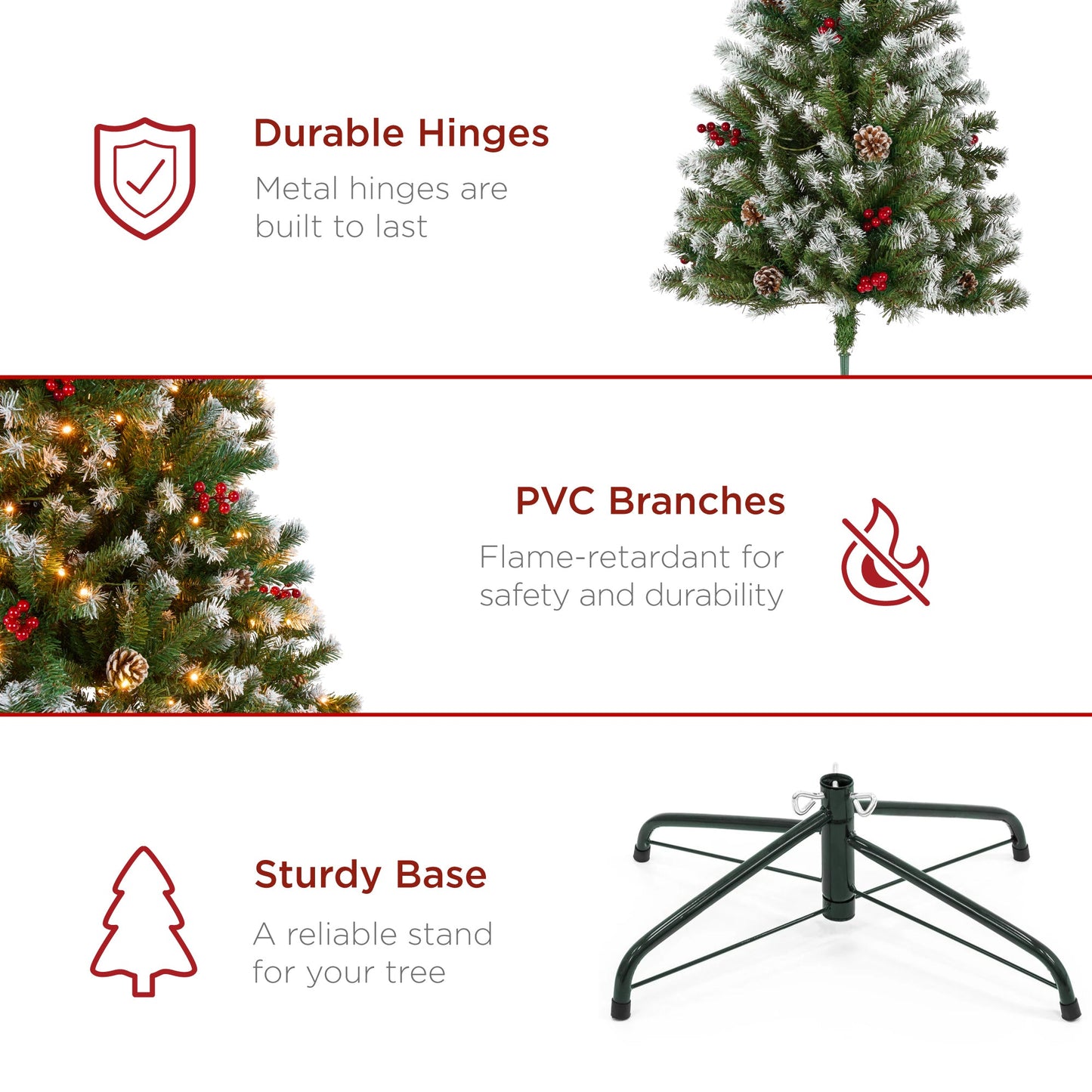 Pre-Lit Frosted Spruce Christmas Tree, w/ Pinecones, Berries, Metal Base