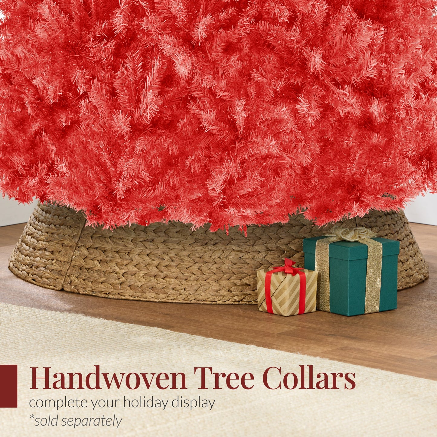Artificial Red Christmas Tree, Unlit Pine Design w/Easy Assembly
