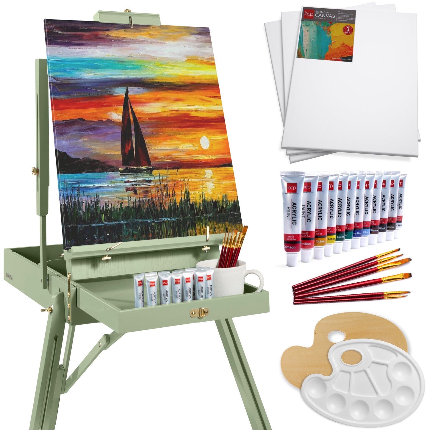 Art Easel for Painting, Portable Adjustable Tripod with 32-Piece Art Set
