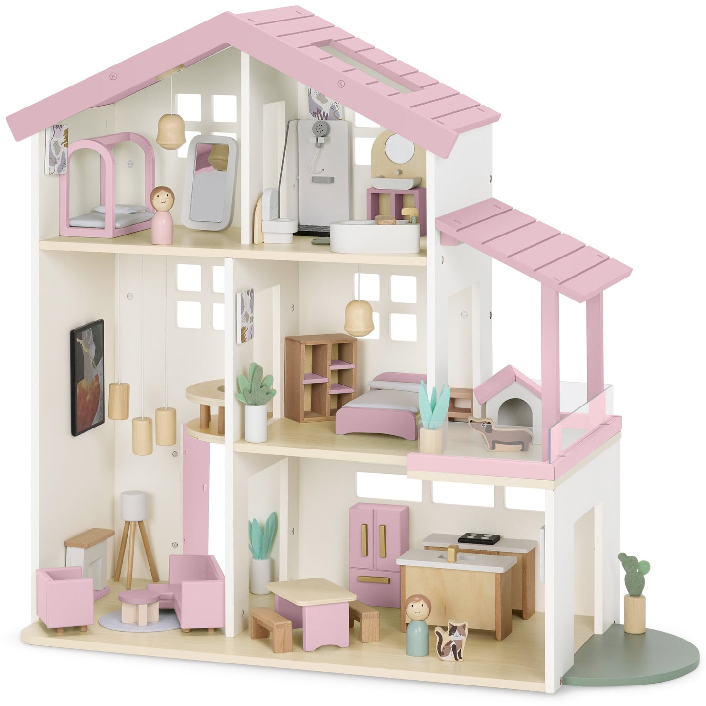 Pretend Play Wooden Doll House w/ 40 Accessories, Modern Toy Playset
