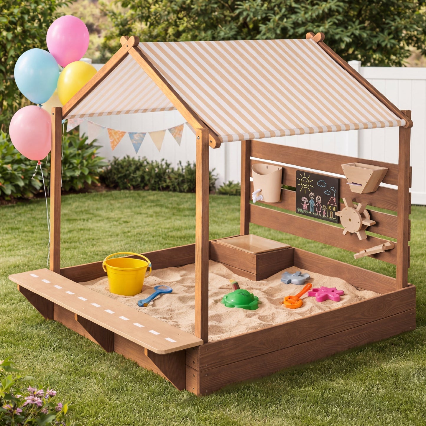 Deluxe Wooden Sandbox with Canopy & Water Table for Kids