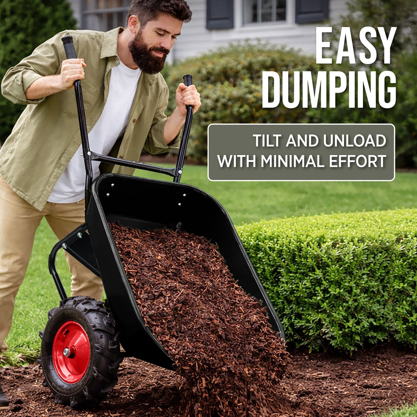 Dual-Wheel Wheelbarrow w/Built in Stand, 500lb Capacity, Extra Large Wheels