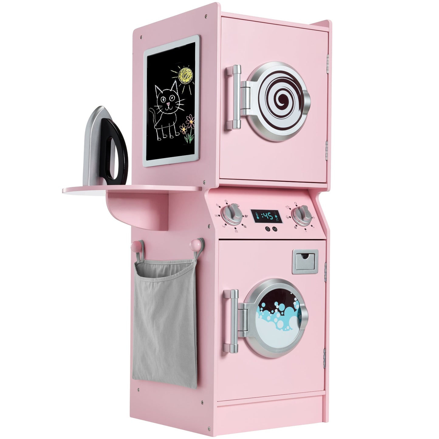 Pretend Play Kids Wooden Washer & Dryer Set w/ Laundry Accessories