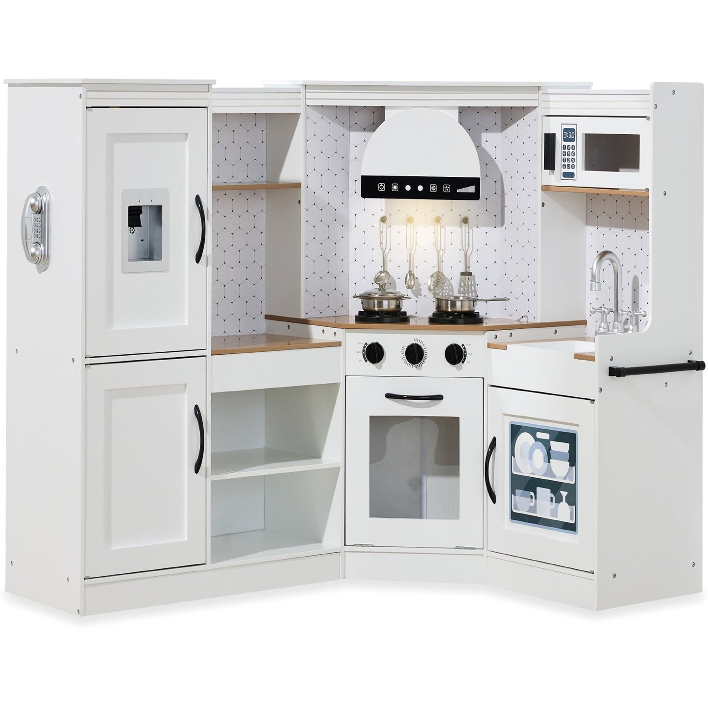 Pretend Play Corner Kitchen Wooden Toy Set for Kids w/ Lights, Sounds