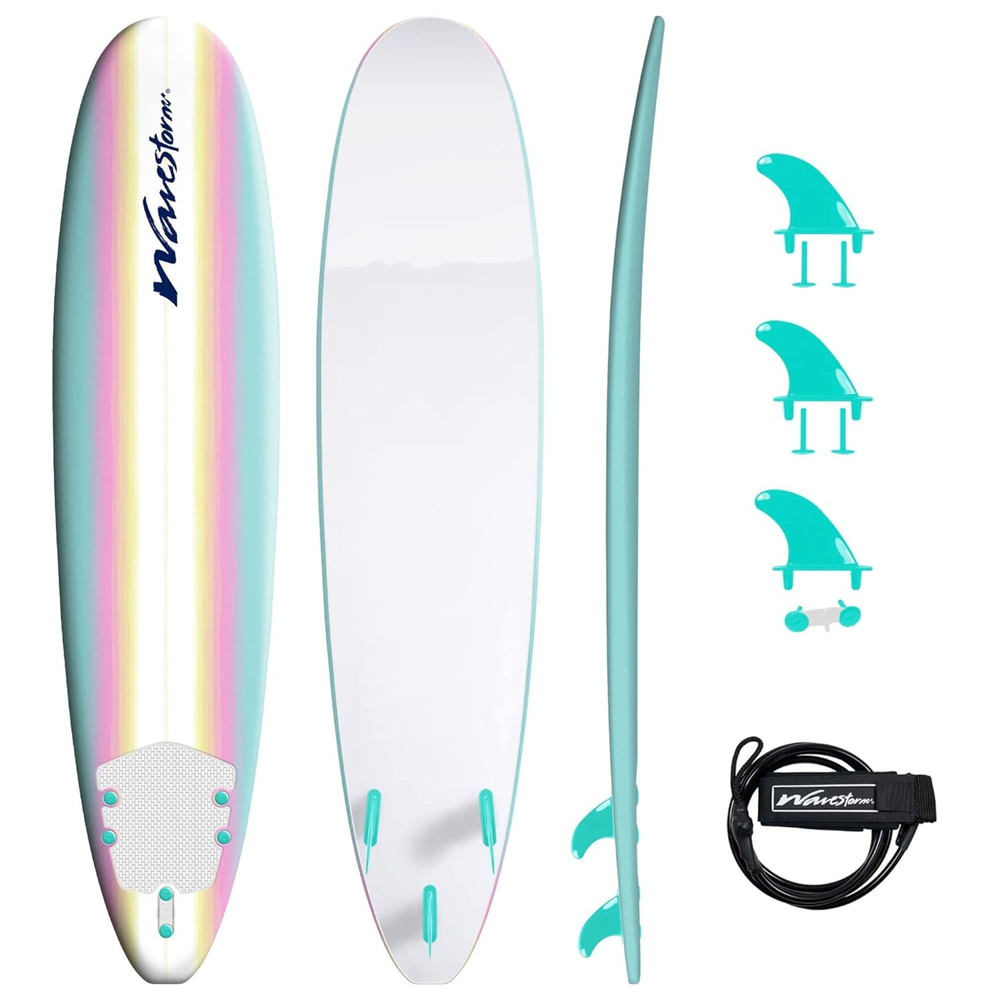 Classic 8ft Soft Top Foam Surfboard with Leash & Fins