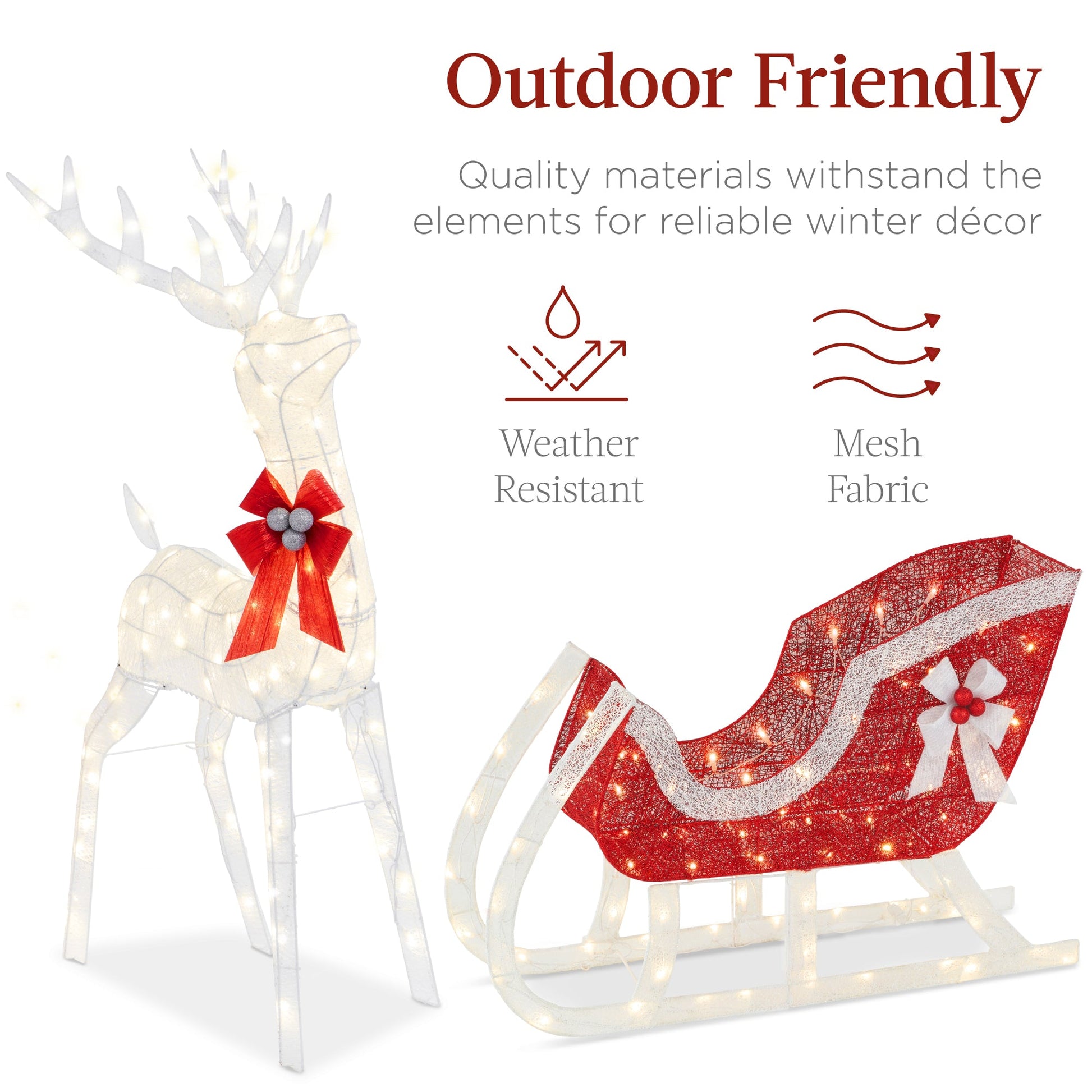 XL Lighted Christmas Reindeer & Sleigh Outdoor Decor Set w/ LED Lights