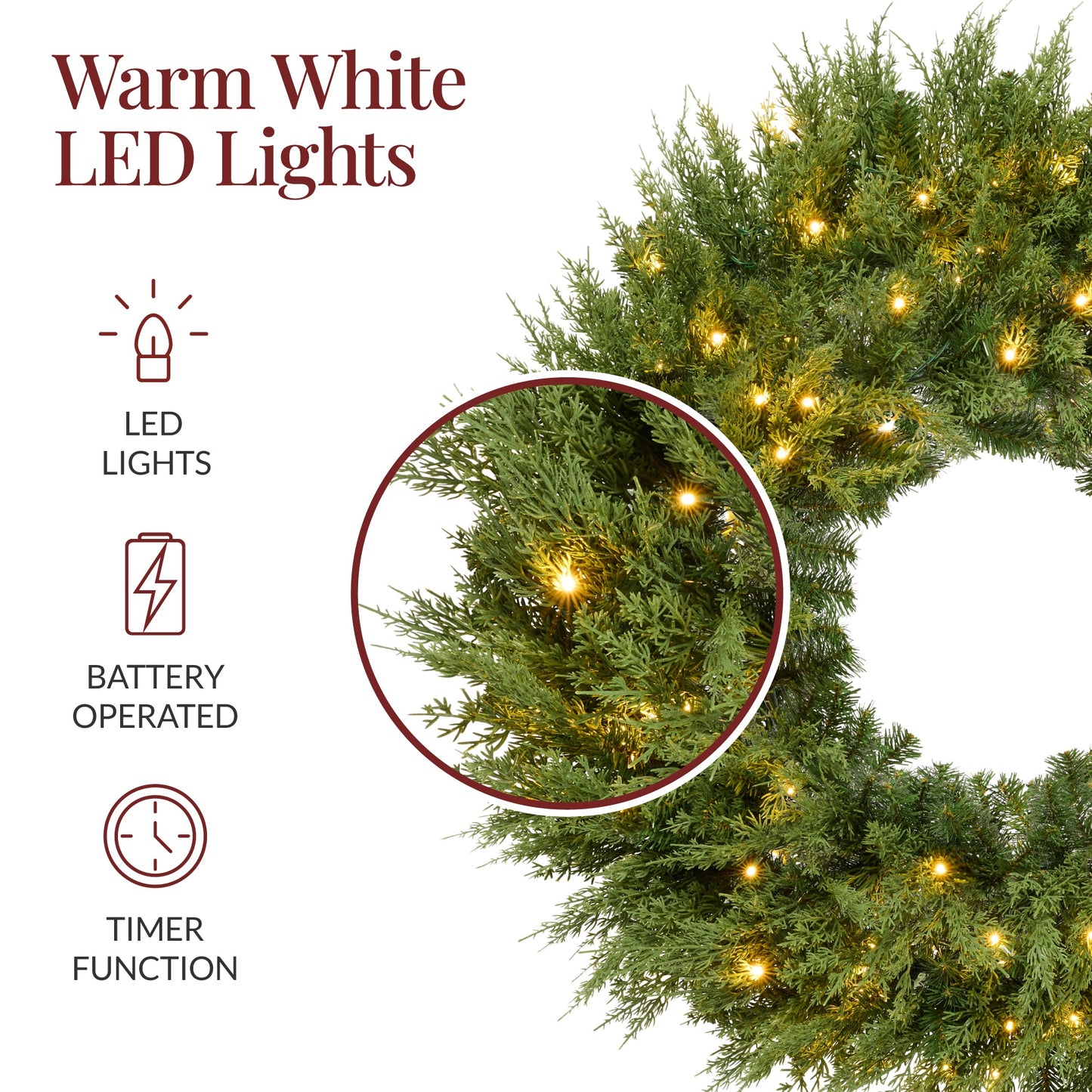 Pre-Lit Cedar Cypress Christmas Realistic Wreath w/ Twinkling LEDs