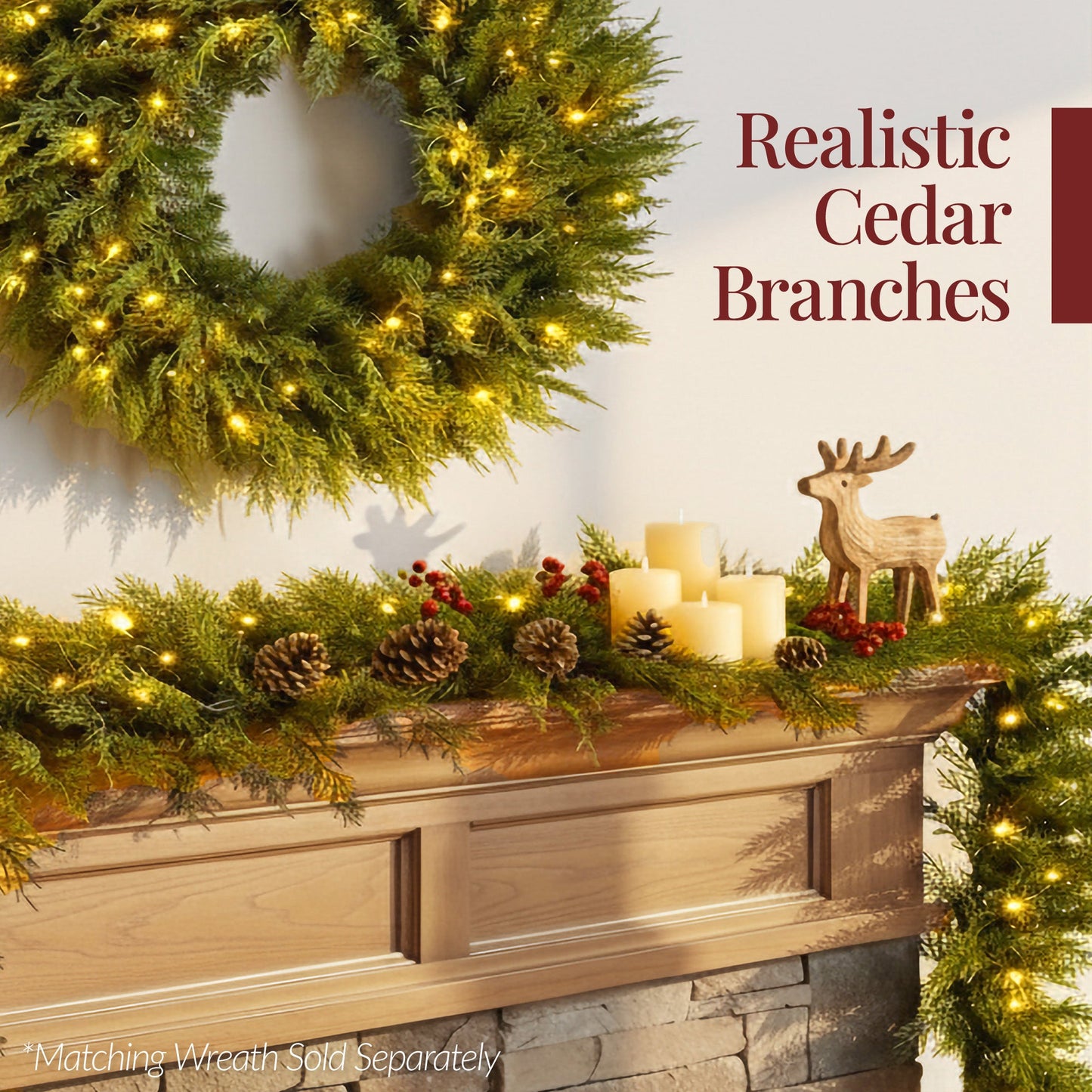 Pre-Lit Cedar Cypress Christmas Realistic Garland w/ Twinkling LEDs