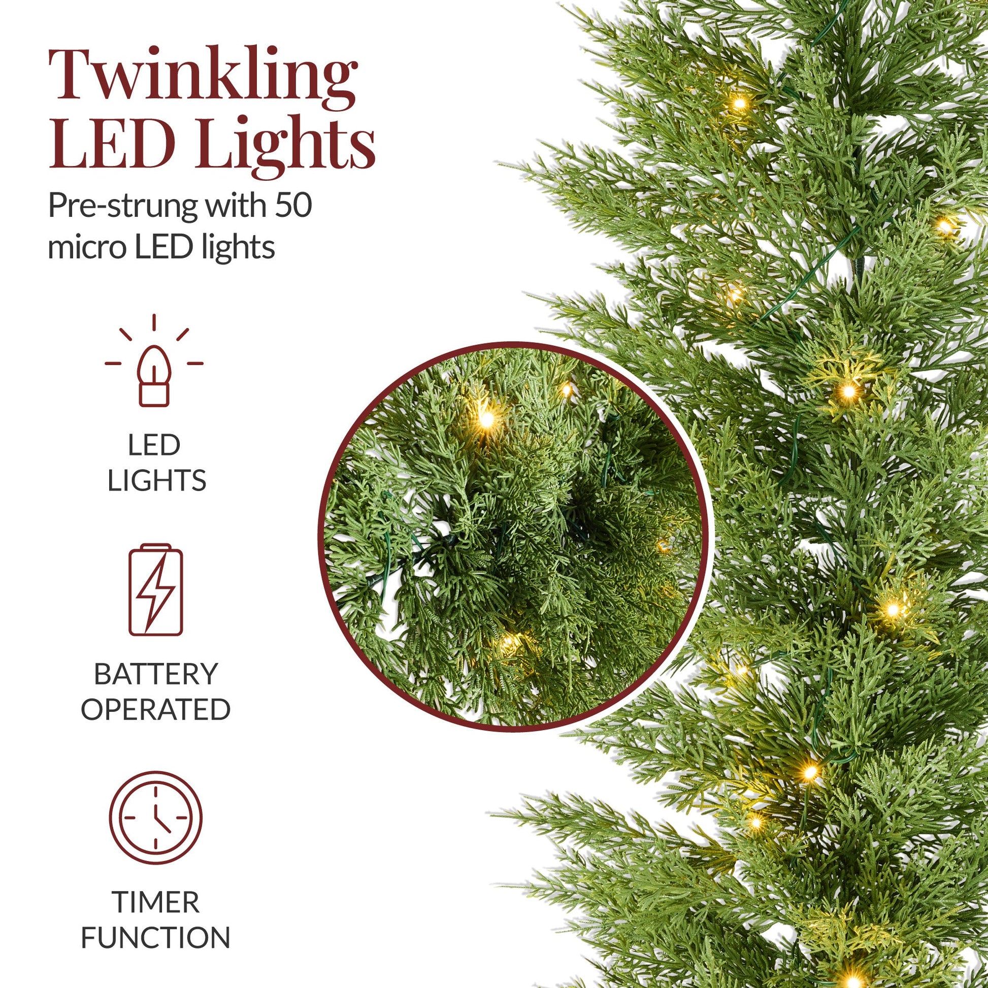 Pre-Lit Cedar Cypress Christmas Realistic Garland w/ Twinkling LEDs