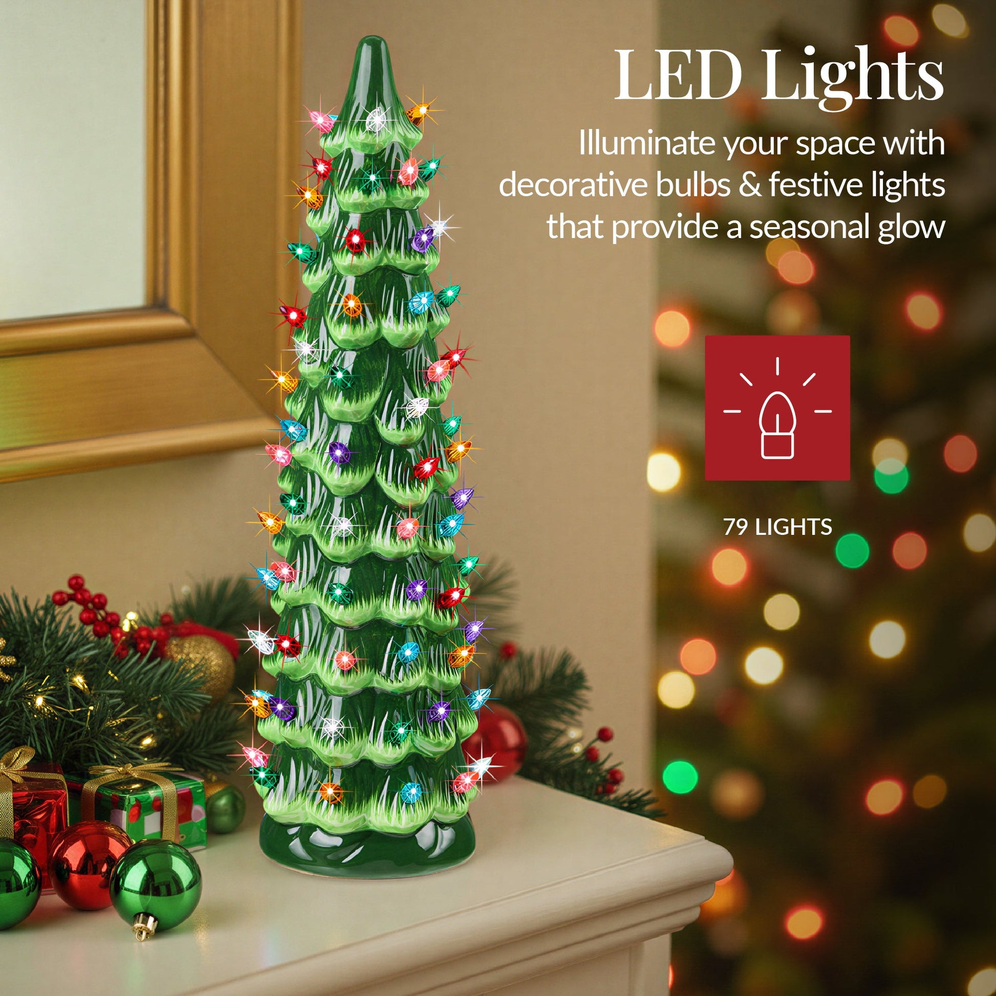 15in Ceramic Christmas Tree, Hand-Painted Holiday Decor w/ LED Lights