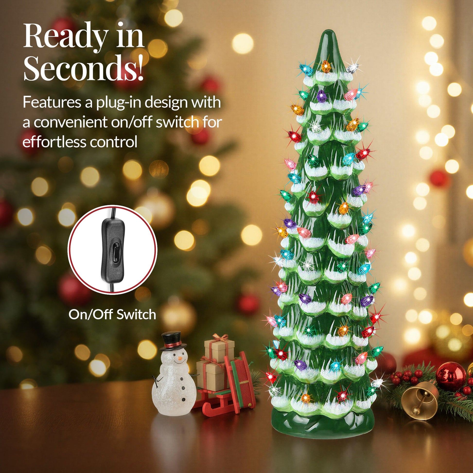 15in Ceramic Christmas Tree, Hand-Painted Holiday Decor w/ LED Lights