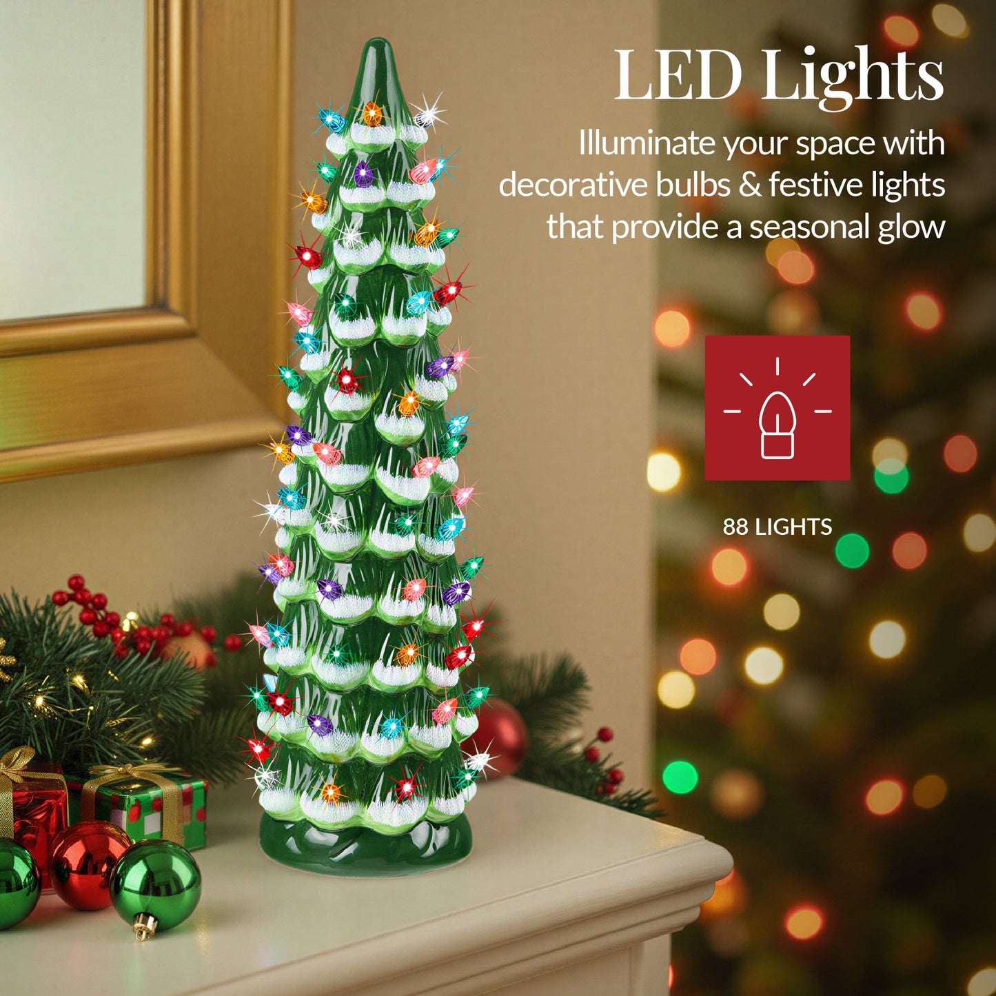 18in Ceramic Christmas Tree, Hand-Painted Holiday Decor w/ LED Lights
