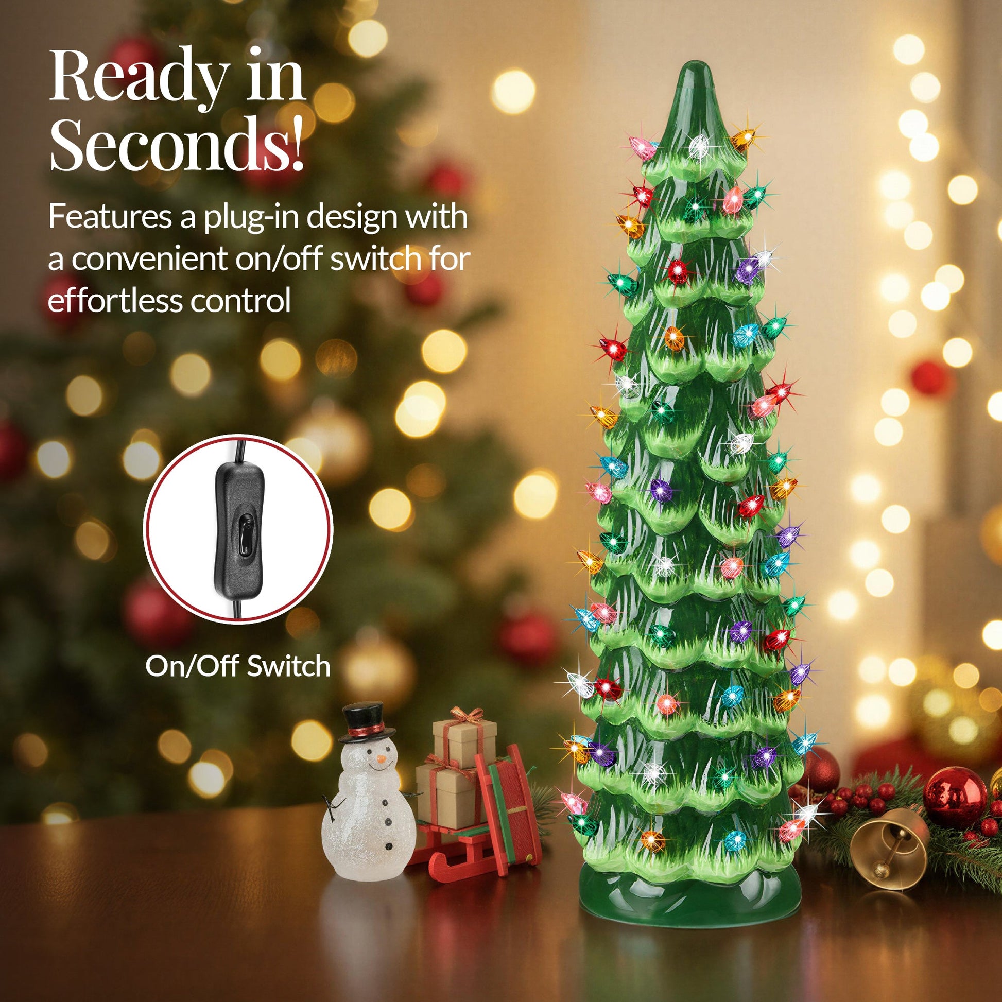 21in Ceramic Christmas Tree, Hand-Painted Holiday Decor w/ LED Lights