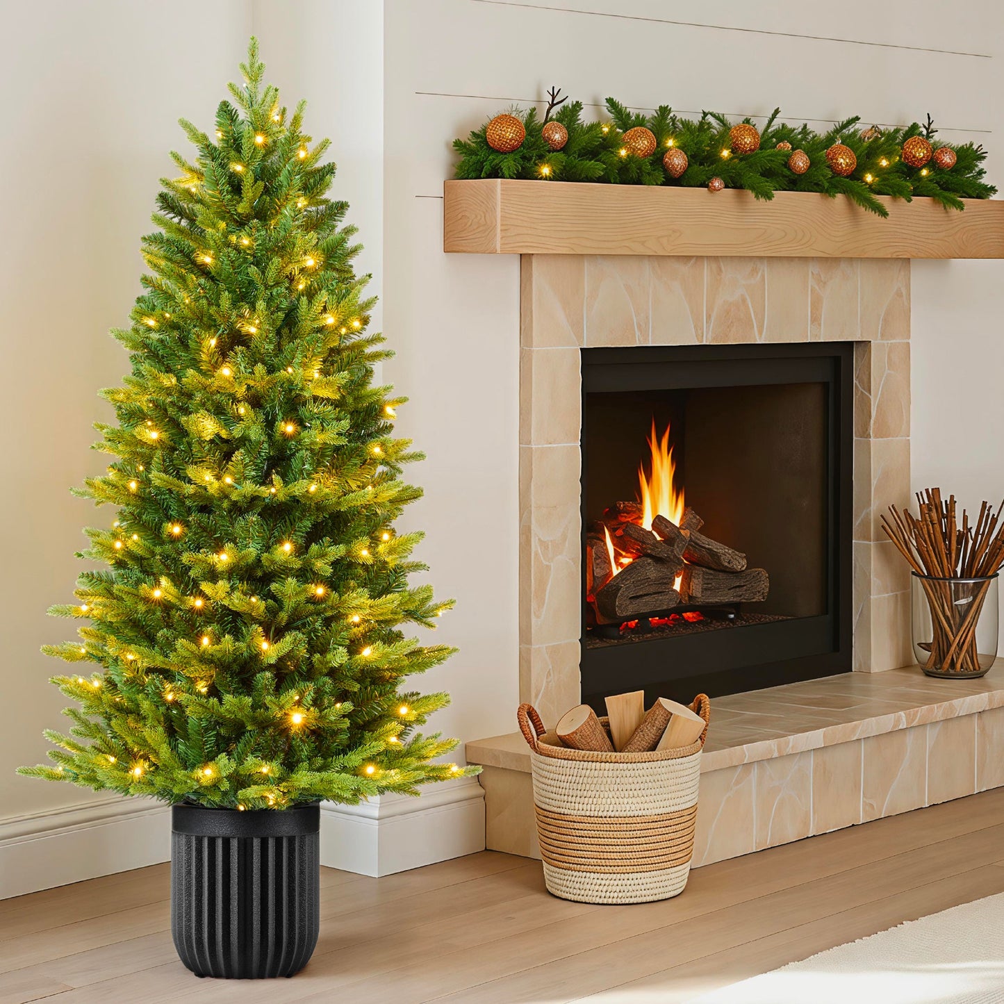 Pre-Lit Potted Christmas Tree w/Twinkling White & Multi LEDs