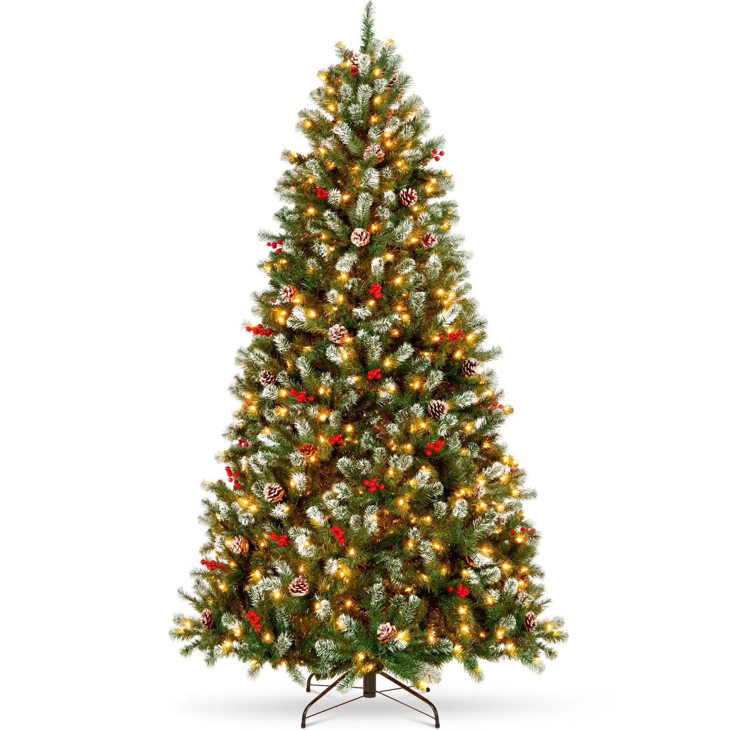 Pre-Lit Frosted Spruce Christmas Tree, w/ Pinecones, Berries, Metal Base