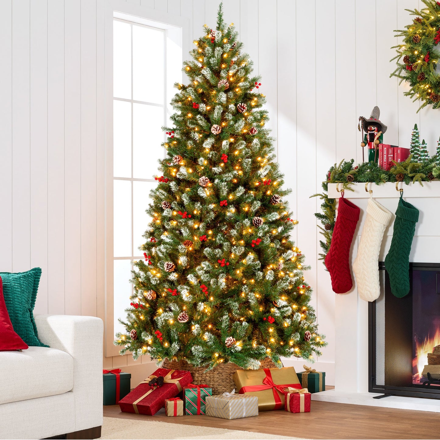 Pre-Lit Frosted Spruce Christmas Tree, w/ Pinecones, Berries, Metal Base