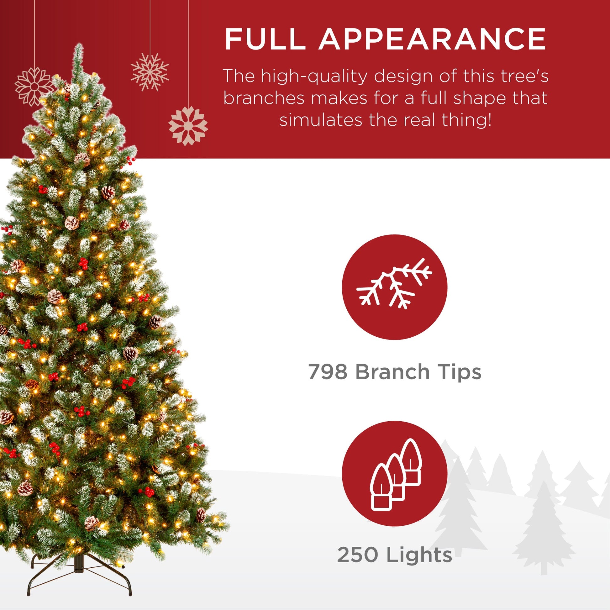 Pre-Lit Frosted Spruce Christmas Tree, w/ Pinecones, Berries, Metal Base