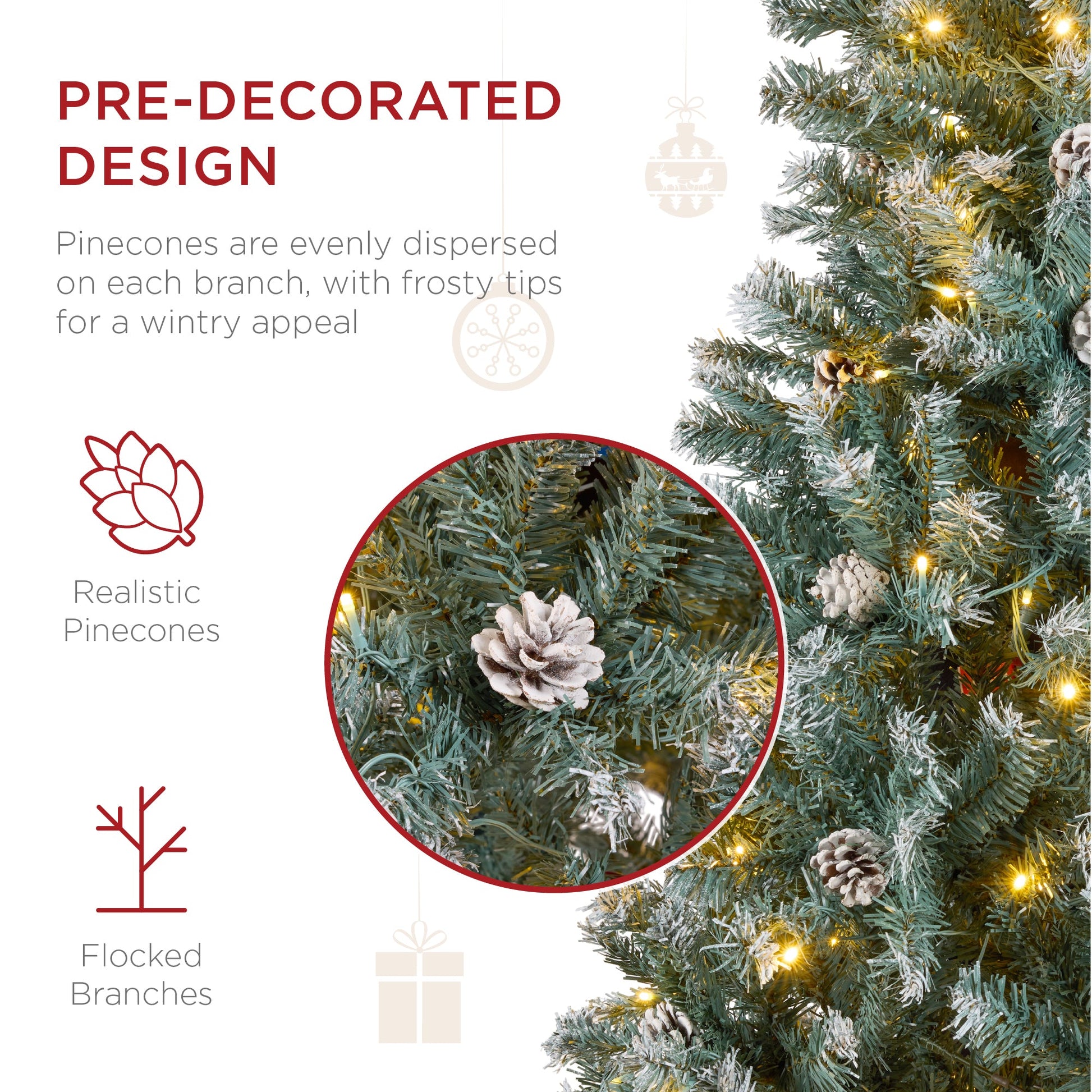Pre-Lit Pre-Decorated Christmas Tree w/ Flocked Tips, Pinecones