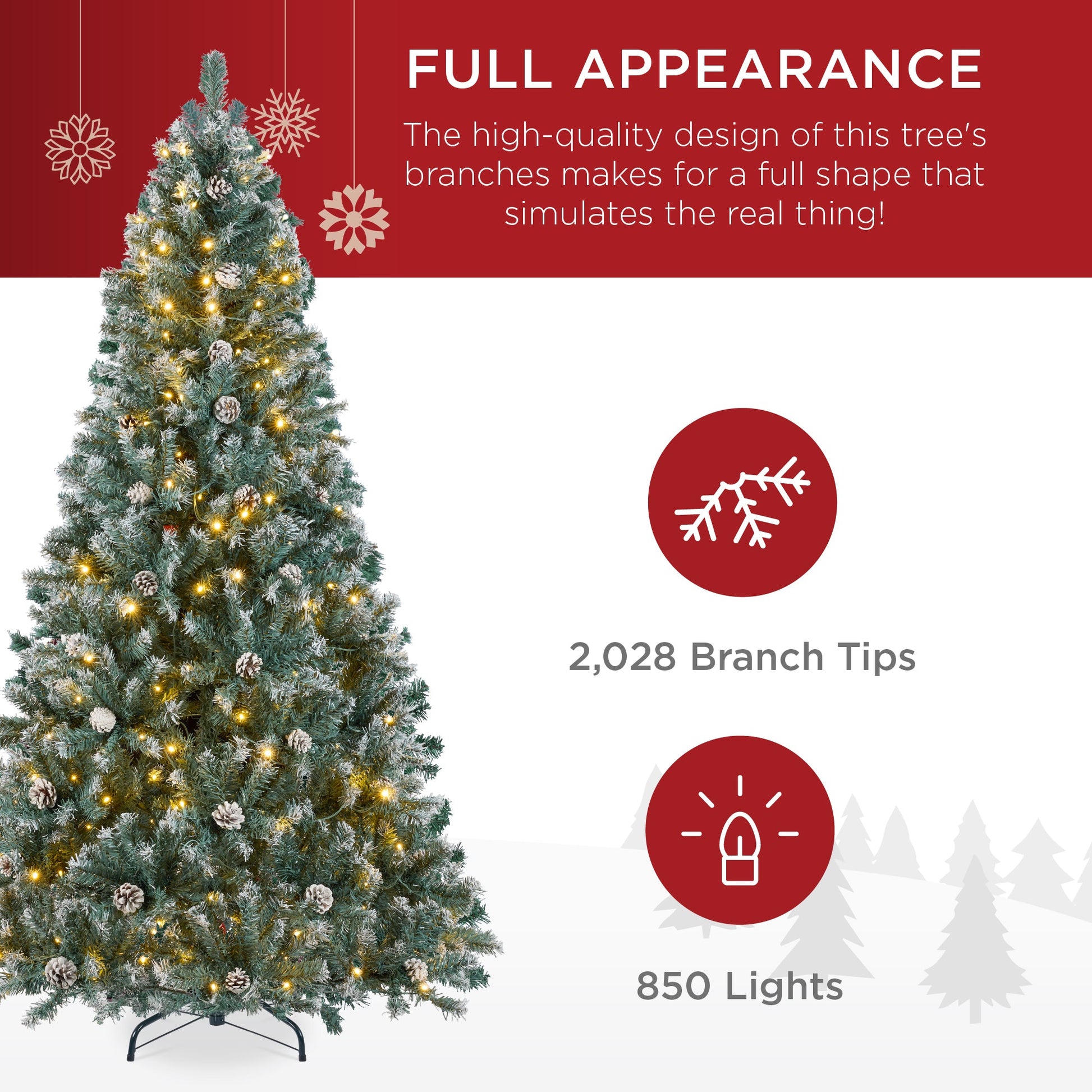 Pre-Lit Pre-Decorated Christmas Tree w/ Flocked Tips, Pinecones