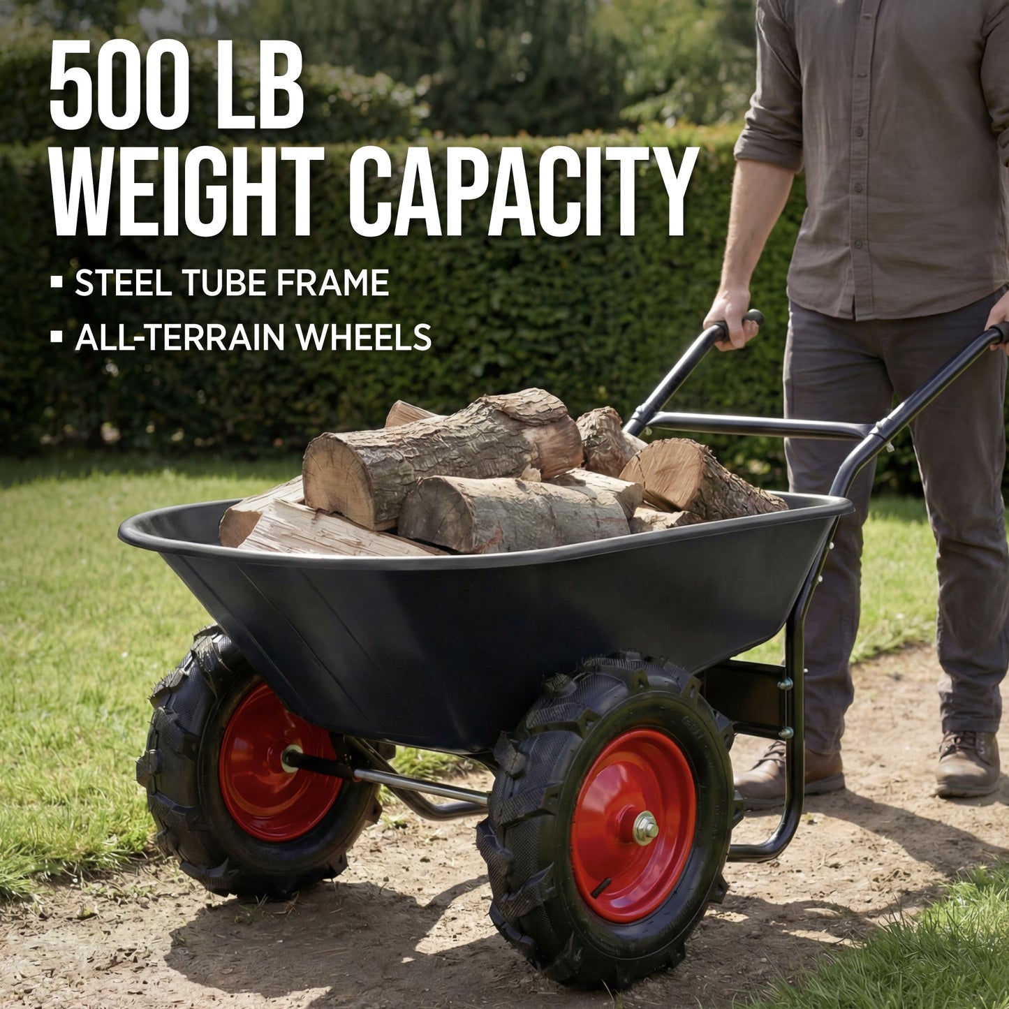 Dual-Wheel Wheelbarrow w/Built in Stand, 500lb Capacity, Extra Large Wheels