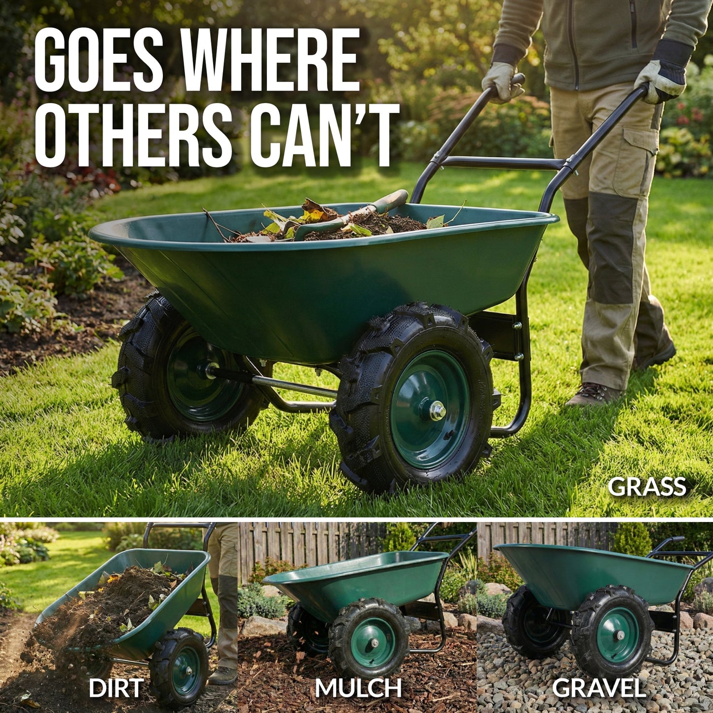 Dual-Wheel Wheelbarrow w/Built in Stand, 500lb Capacity, Extra Large Wheels
