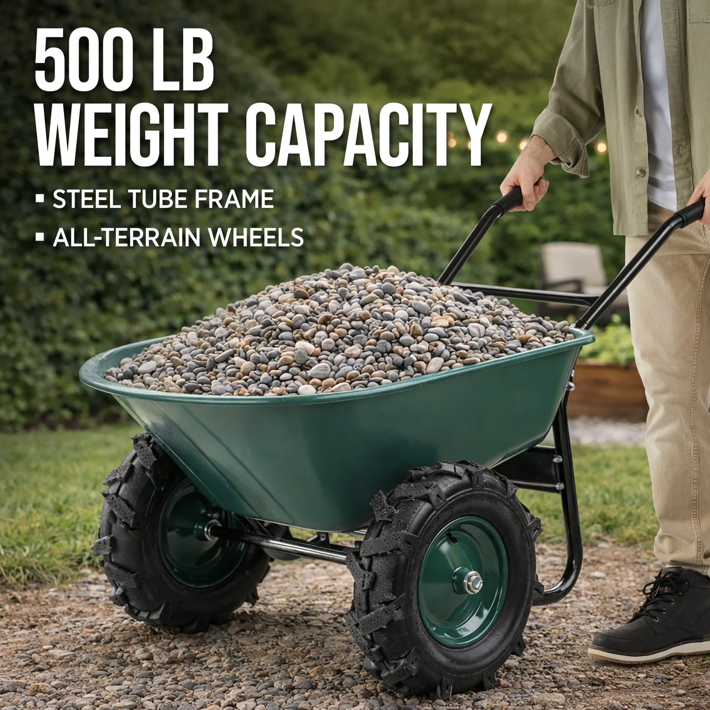 Dual-Wheel Wheelbarrow w/Built in Stand, 500lb Capacity, Extra Large Wheels