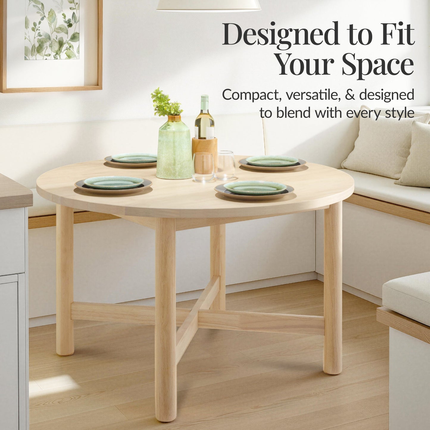 47in Round Solid Wood Dining Table, Modern Farmhouse Table For 4