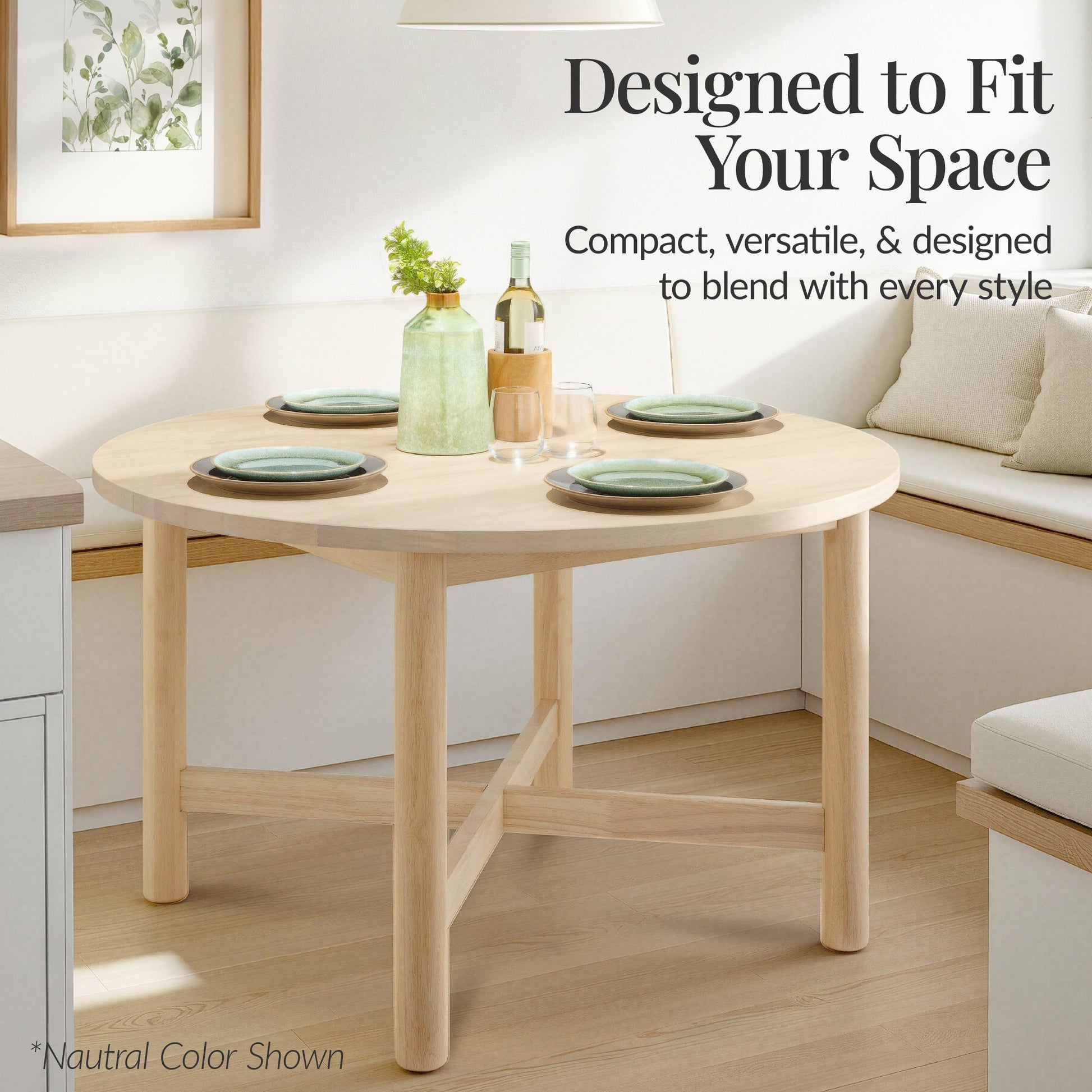 47in Round Solid Wood Dining Table, Modern Farmhouse Table For 4