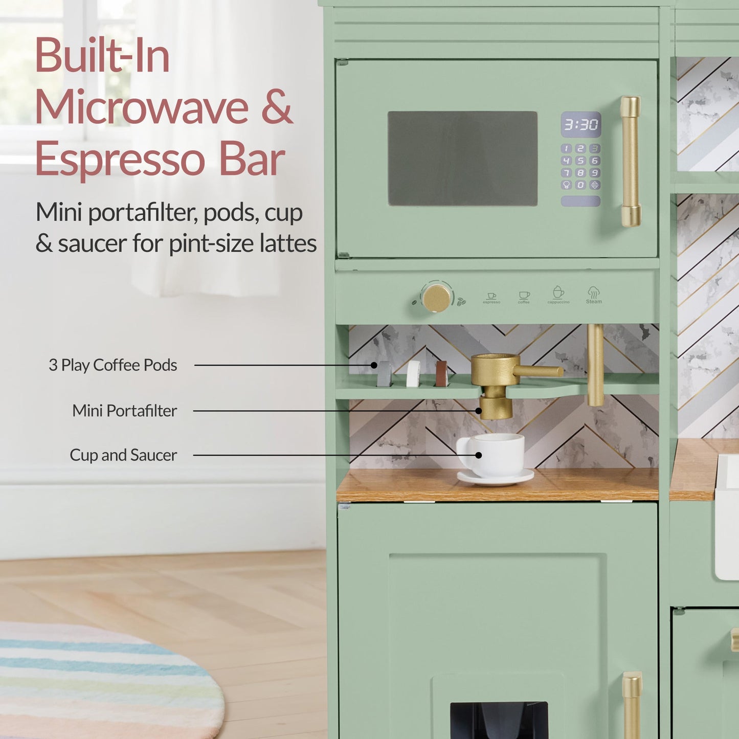 Pretend Kitchen Toy Set for Kids w/Lights, Sounds, Island, Espresso Machine