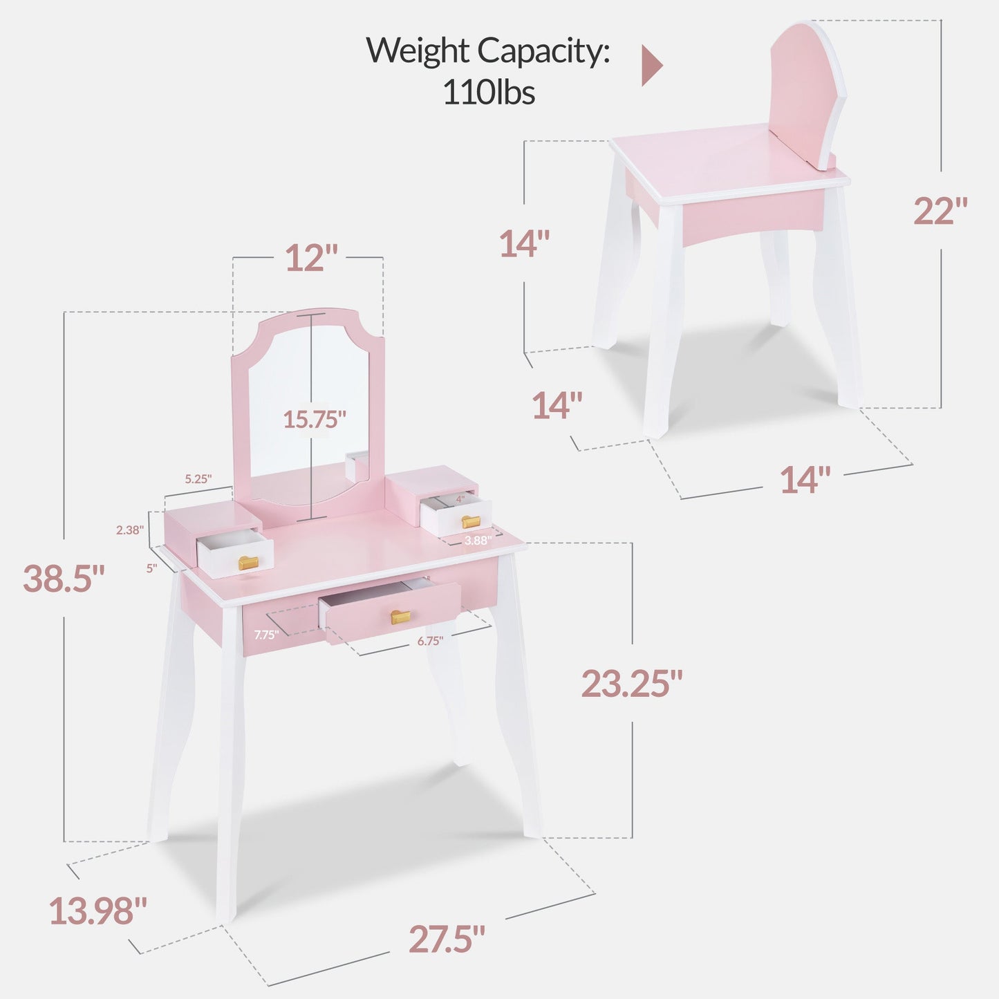 Kids Wooden Pretend Play Vanity and Chair Set w/ Mirror