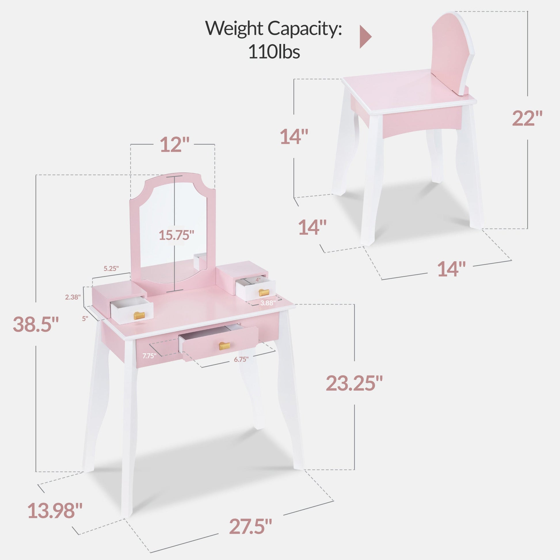 Kids Wooden Pretend Play Vanity and Chair Set w/ Mirror