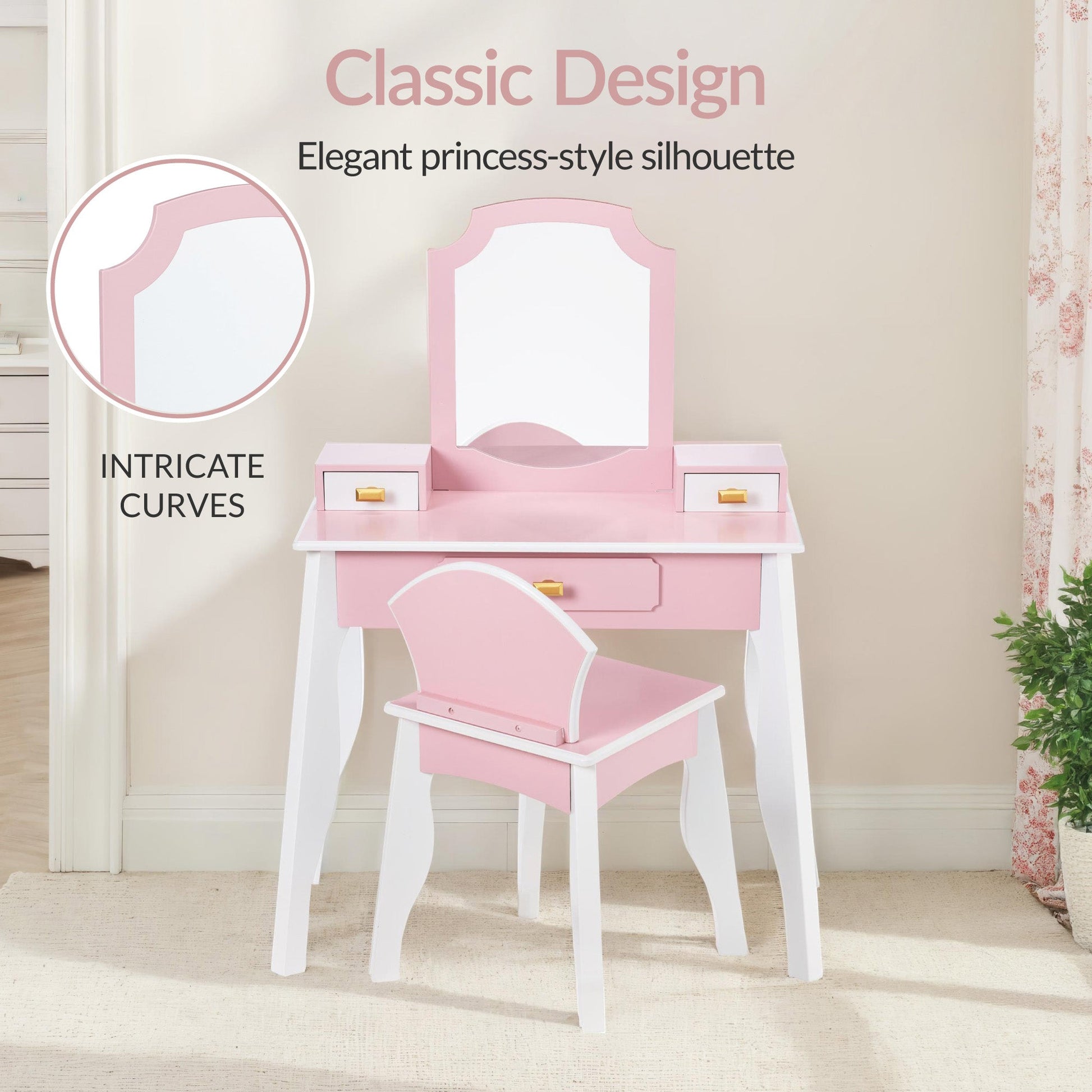 Kids Wooden Pretend Play Vanity and Chair Set w/ Mirror