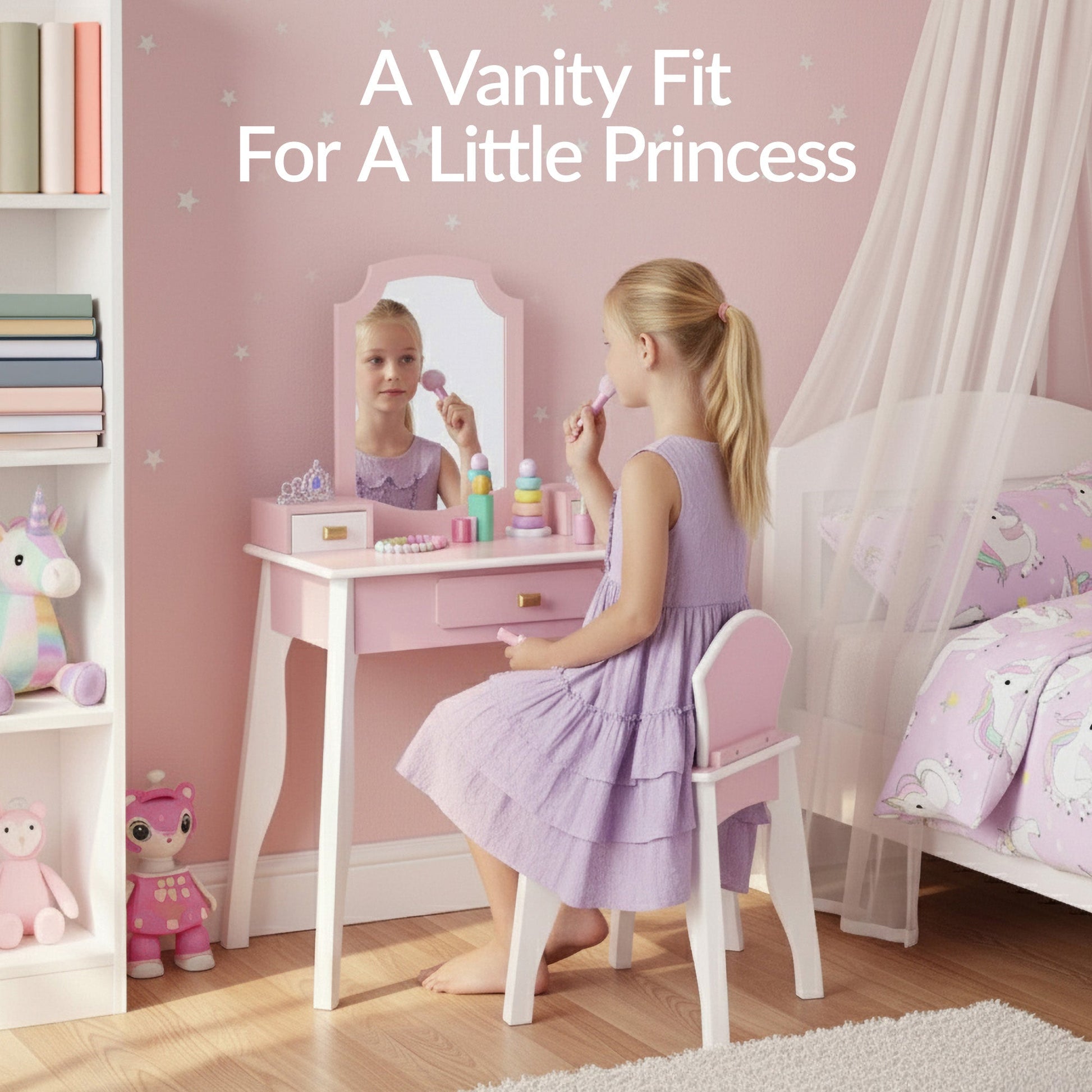 Kids Wooden Pretend Play Vanity and Chair Set w/ Mirror