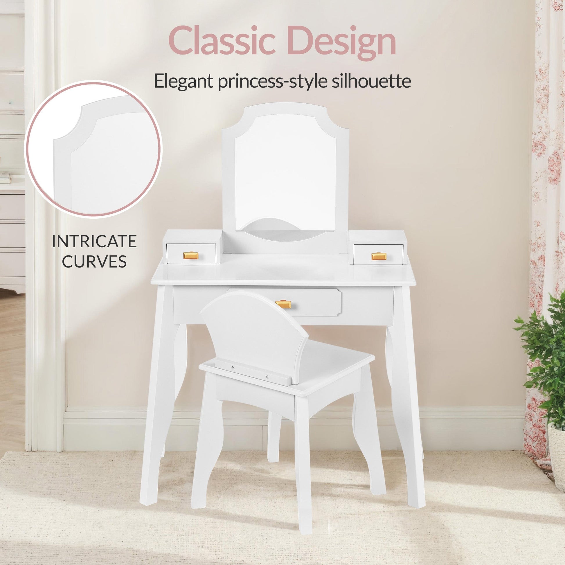 Kids Wooden Pretend Play Vanity and Chair Set w/ Mirror