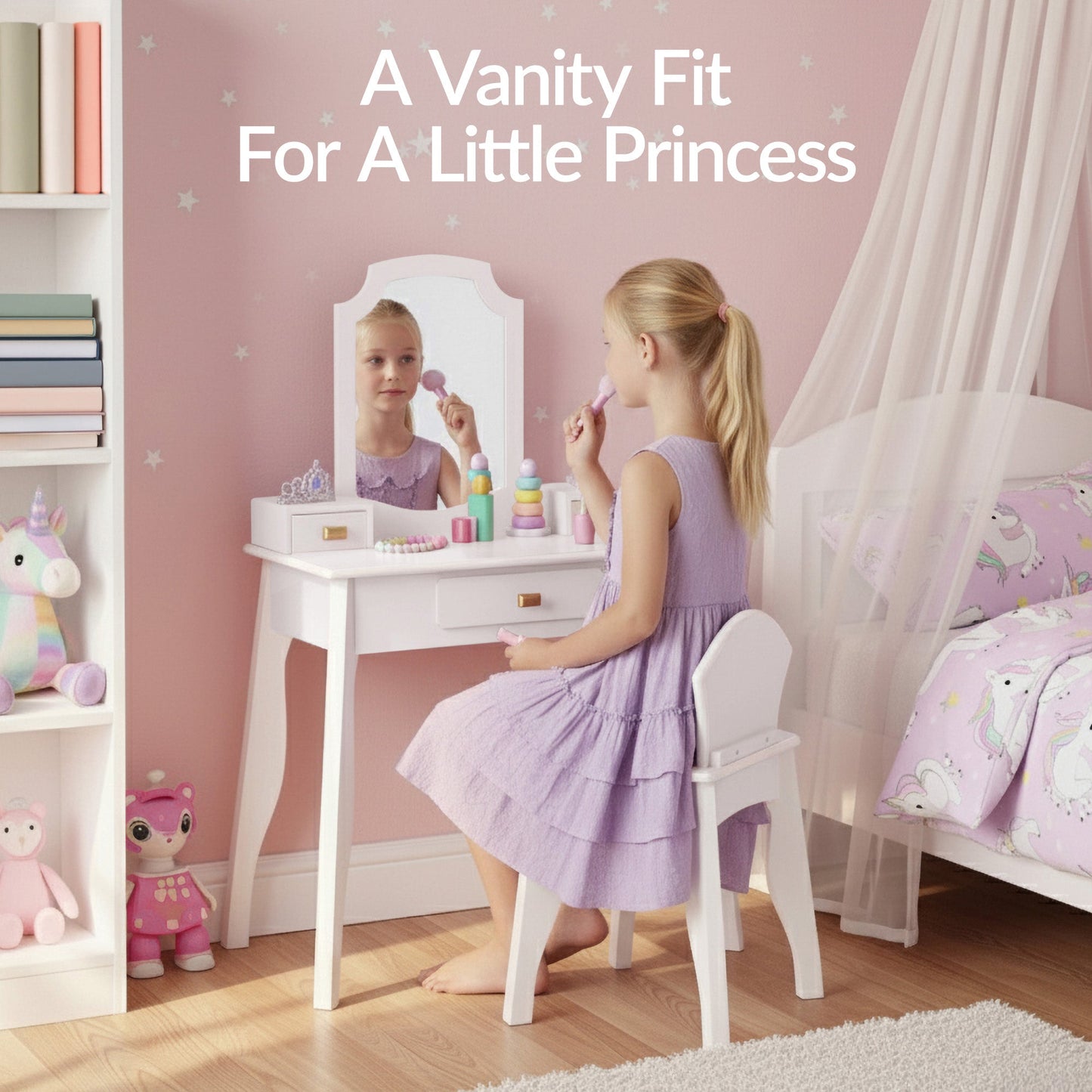 Kids Wooden Pretend Play Vanity and Chair Set w/ Mirror