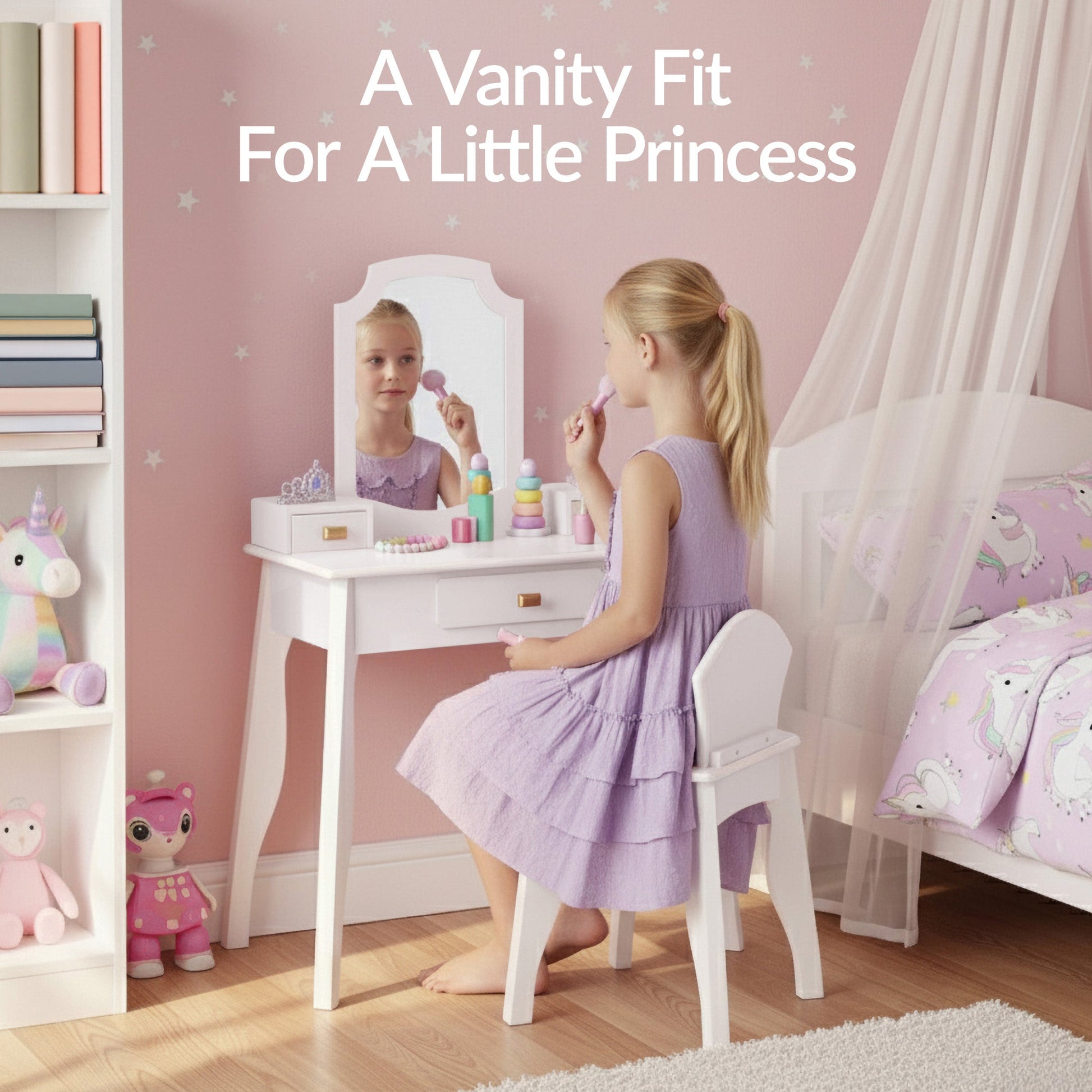 Kids Wooden Pretend Play Vanity and Chair Set w/ Mirror