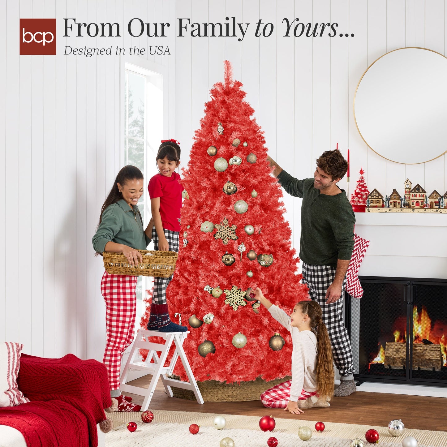 Artificial Red Christmas Tree, Unlit Pine Design w/Easy Assembly
