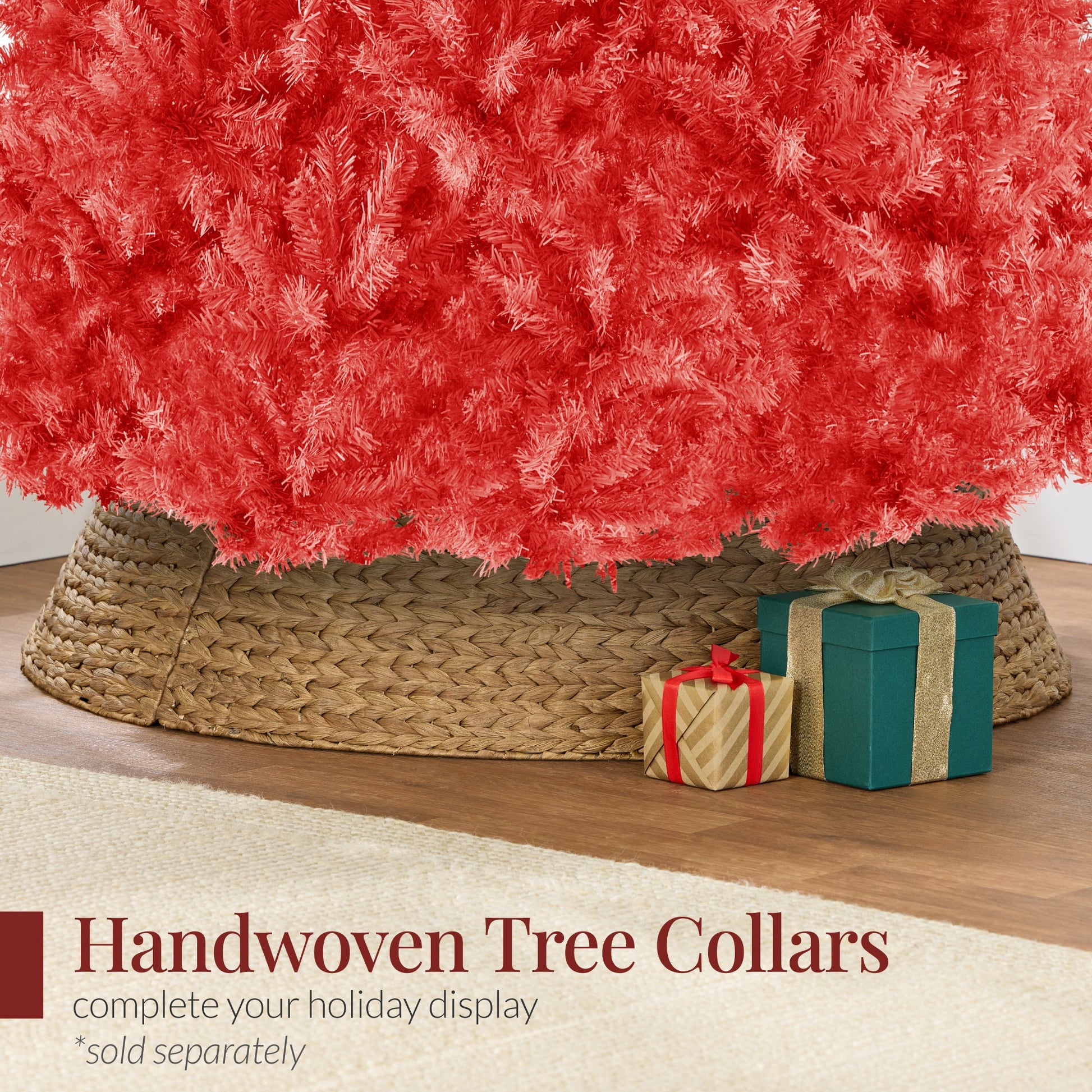 Artificial Red Christmas Tree, Unlit Pine Design w/Easy Assembly