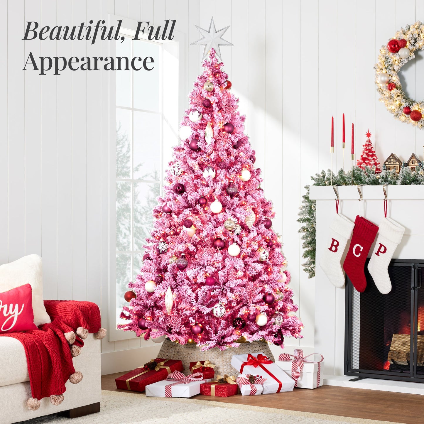 Pre-lit Christmas Tree, Snow Flocked Holiday Decor w/Twinkle Lights