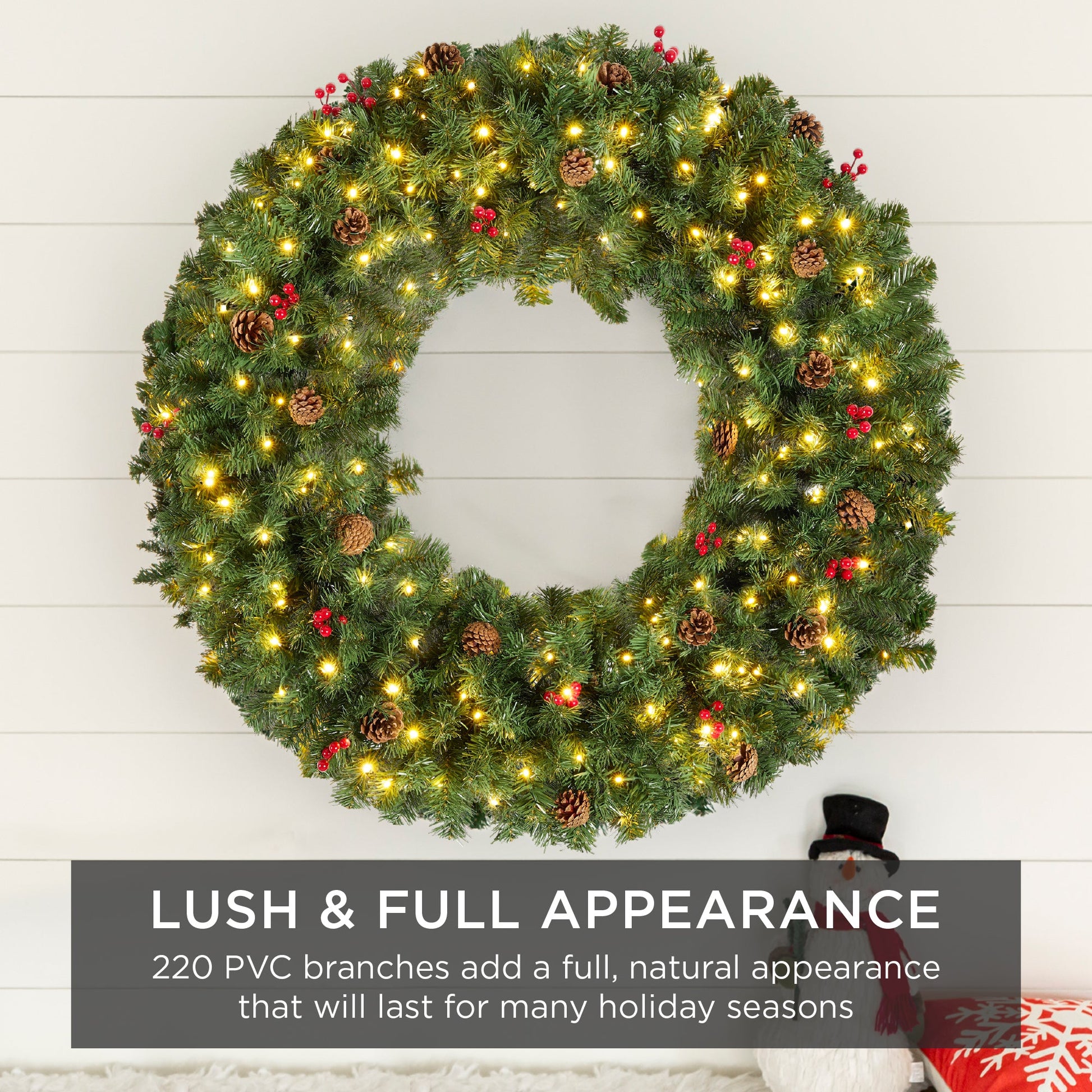 Pre-Lit Artificial Christmas Wreath w/Berries & Pinecones, Lights