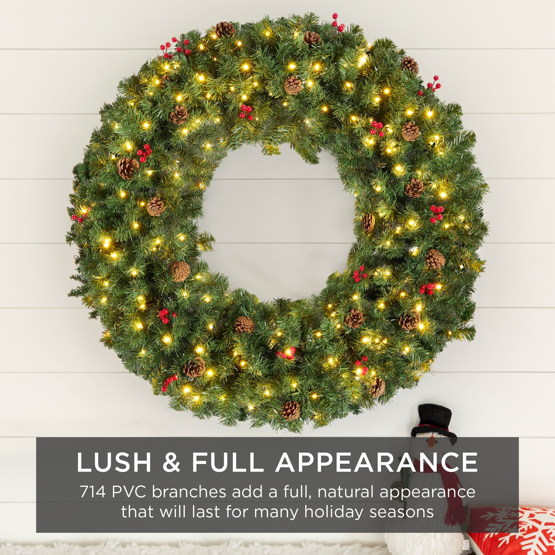 Pre-Lit Artificial Christmas Wreath w/Berries & Pinecones, Lights