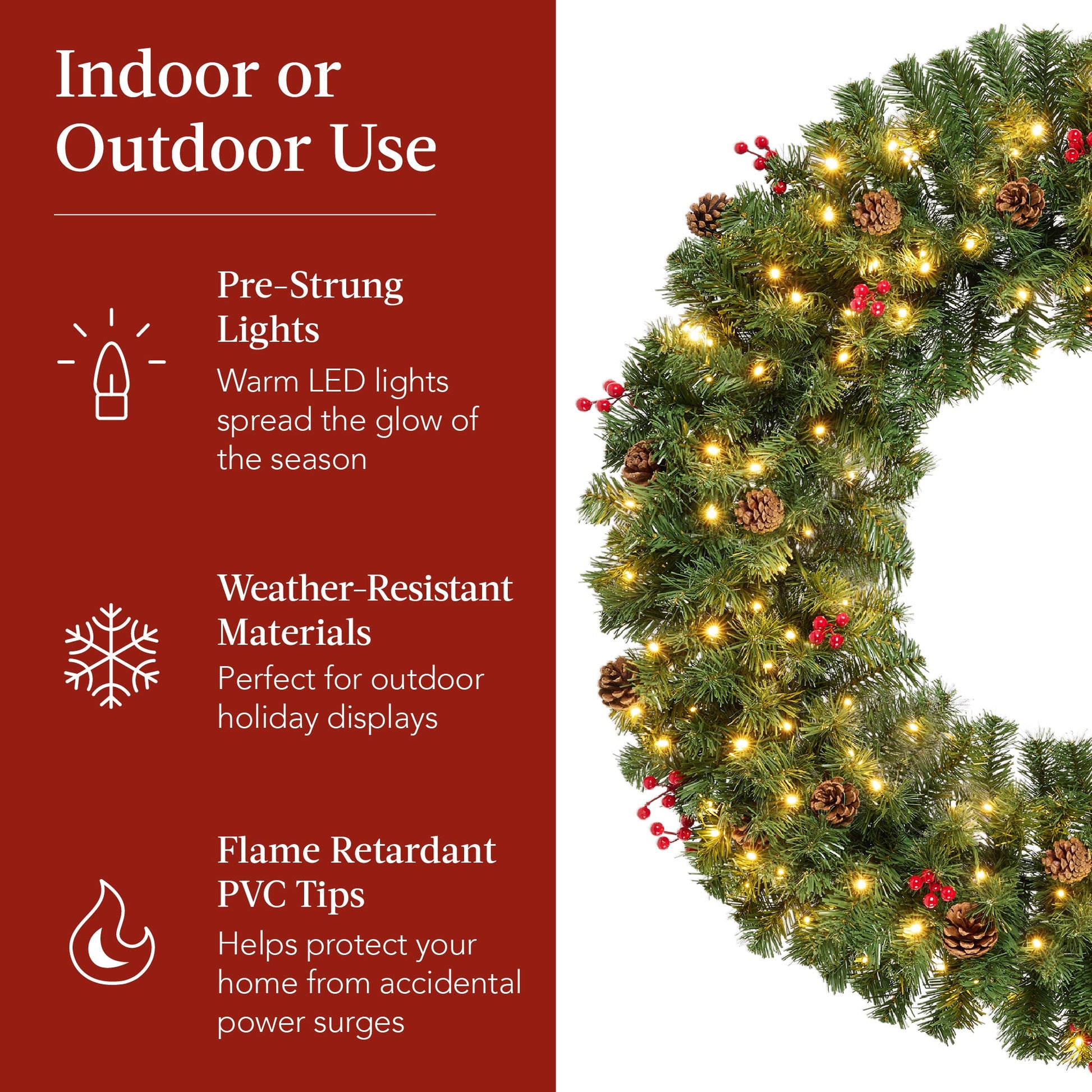 Pre-Lit Artificial Christmas Wreath w/Berries & Pinecones, Red Bow, Lights
