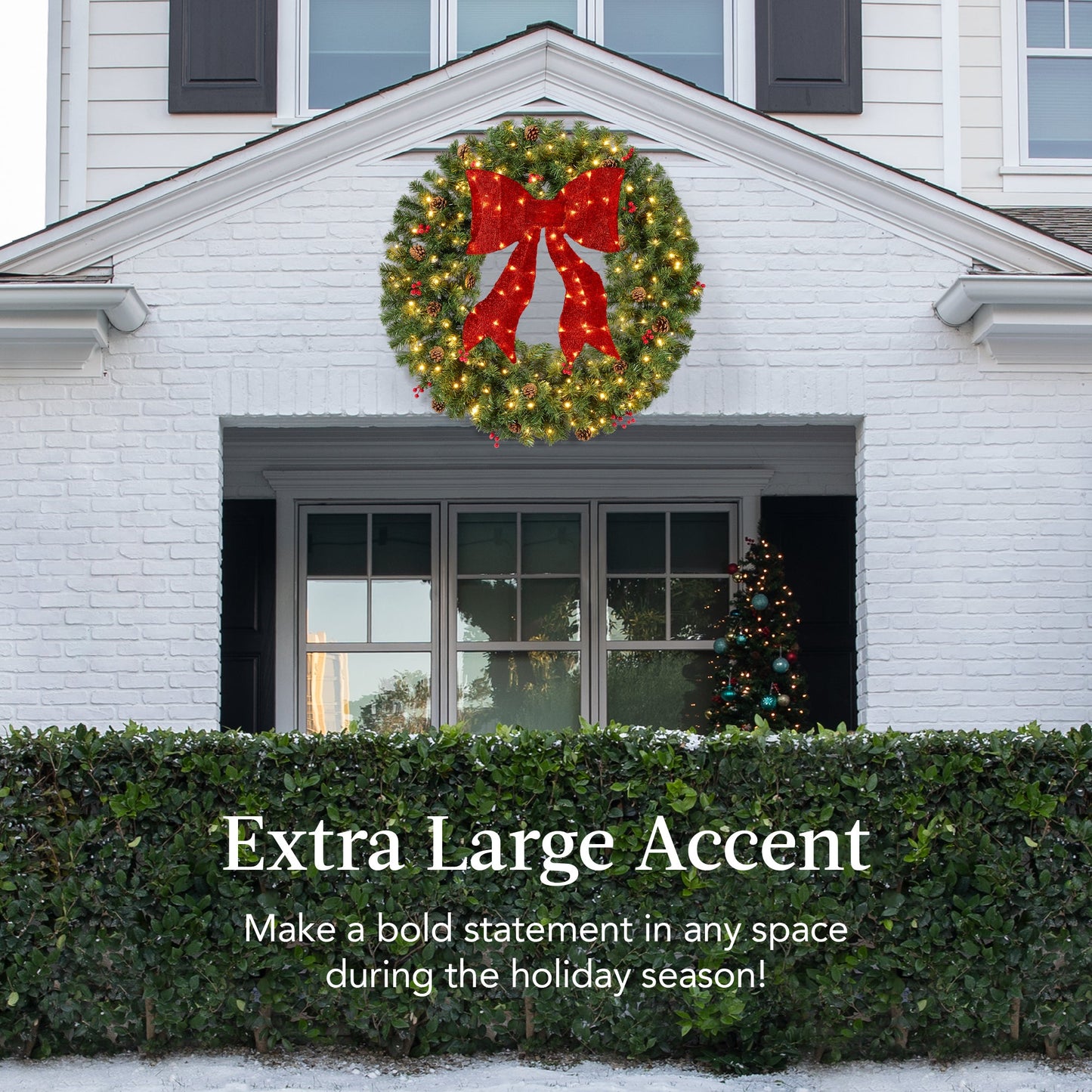 Pre-Lit Artificial Christmas Wreath w/Berries & Pinecones, Red Bow, Lights