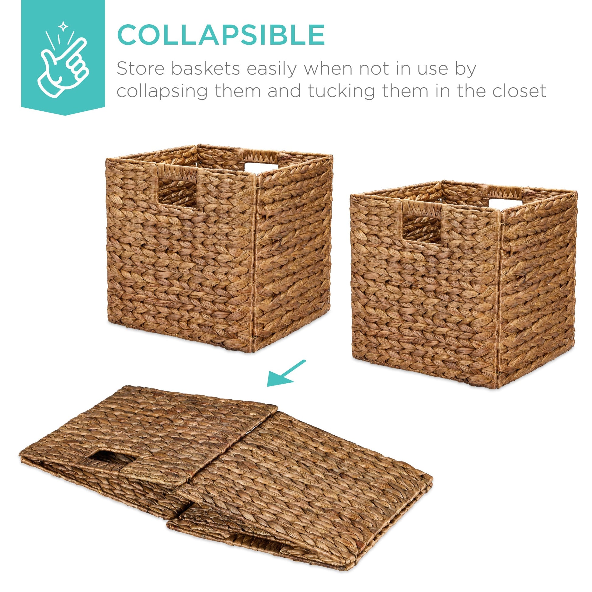 Set of 5 Collapsible Hyacinth Storage Baskets w/ Inserts - 12x12in