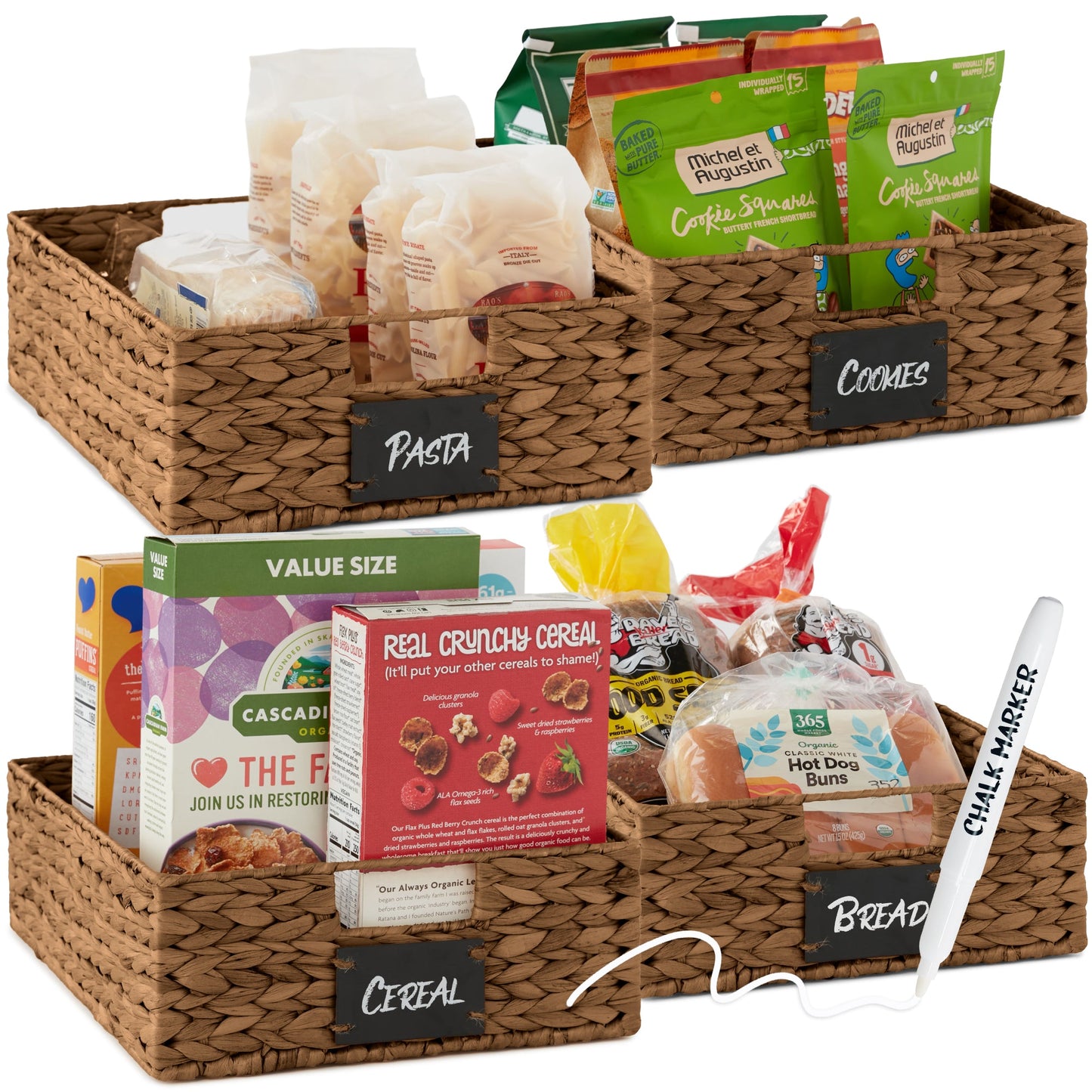 Set of 4 Water Hyacinth Pantry Baskets w/ Chalkboard, Chalk Marker