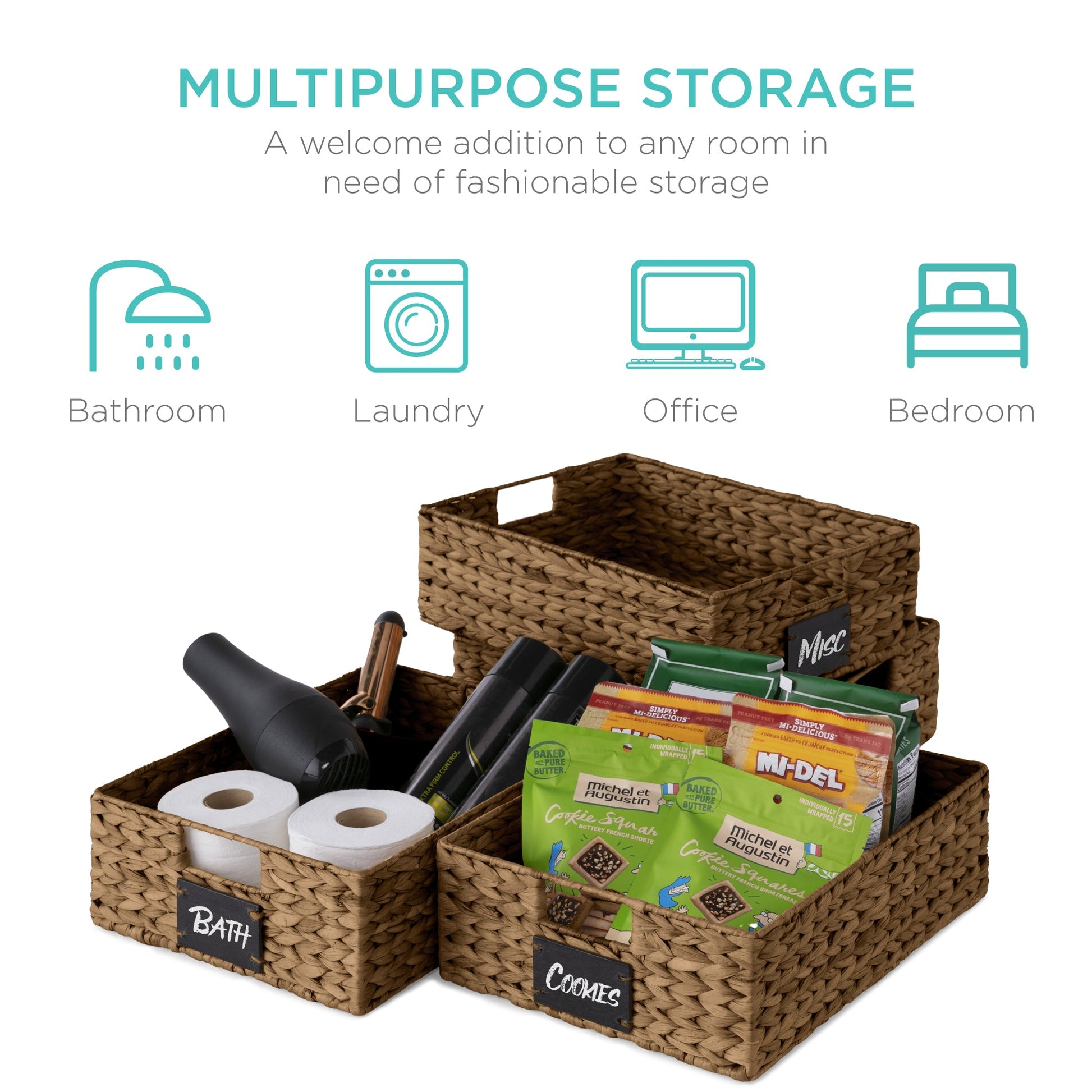 Set of 4 Water Hyacinth Pantry Baskets w/ Chalkboard, Chalk Marker