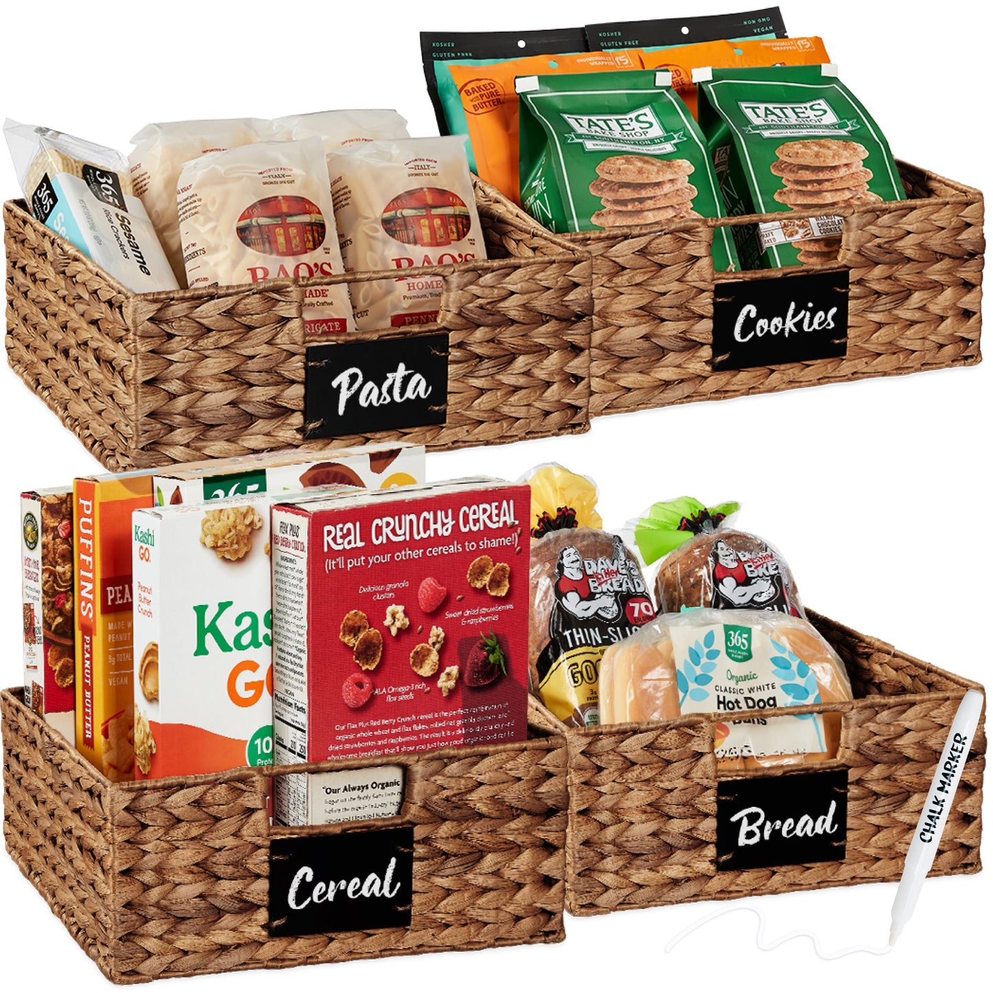 Set of 4 Water Hyacinth Pantry Baskets w/ Chalkboard, Marker - 13in