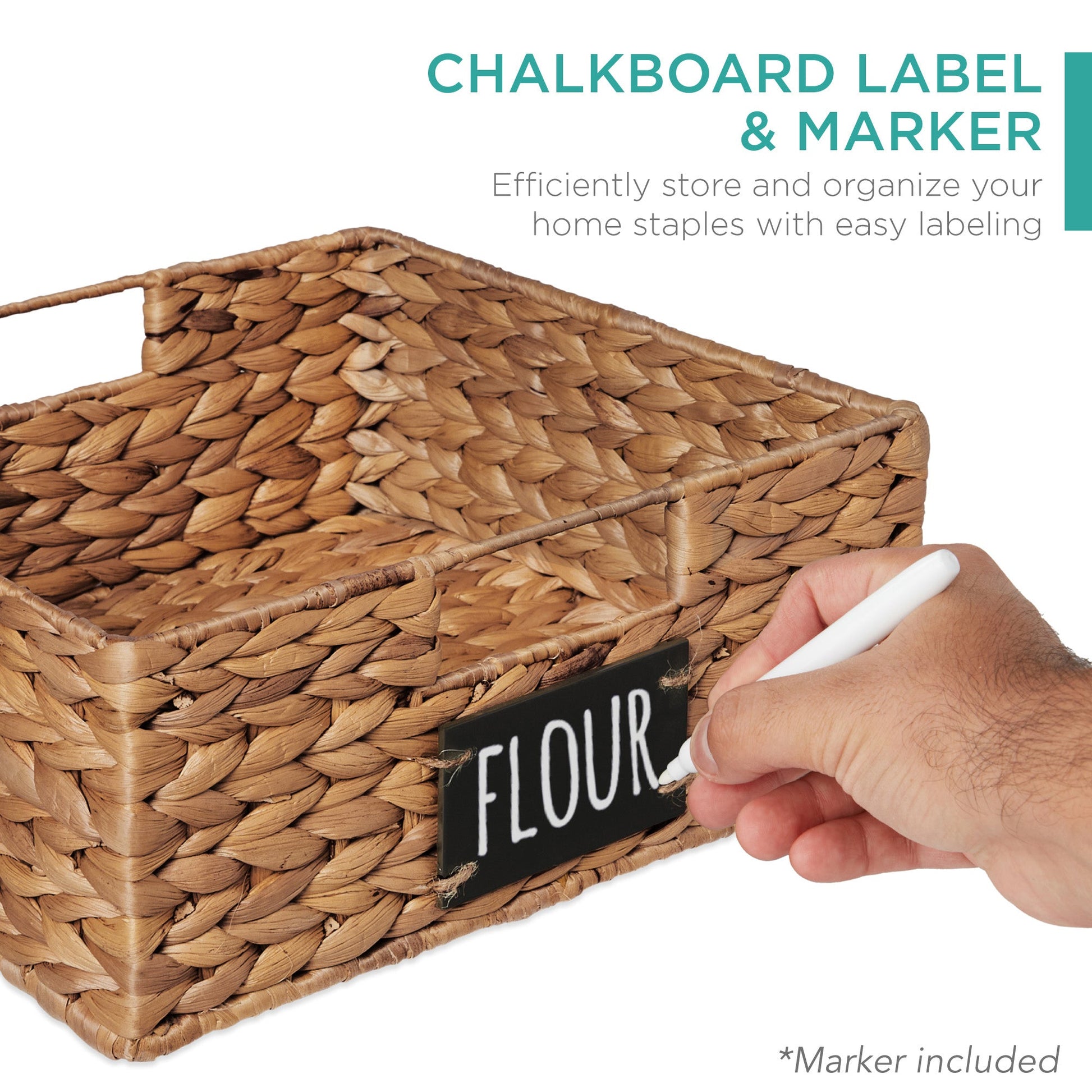 Set of 4 Water Hyacinth Pantry Baskets w/ Chalkboard, Marker - 13in