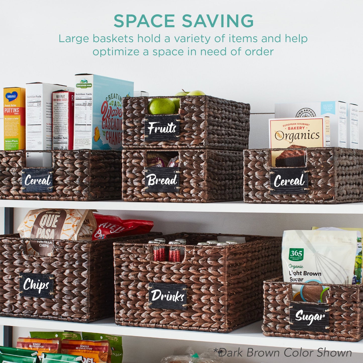 Set of 4 Water Hyacinth Pantry Baskets w/ Chalkboard, Marker - 13in